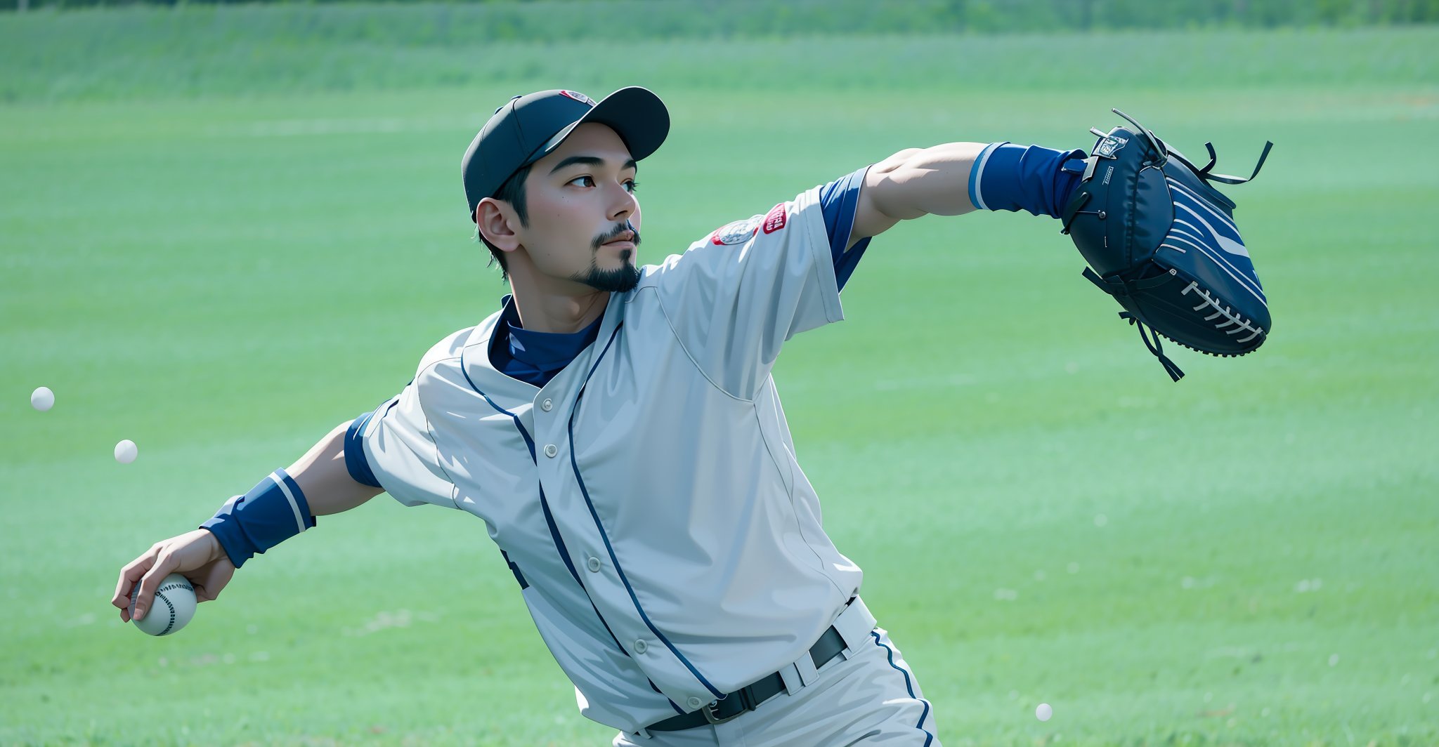 solo, 1male, Japanese, hat, male focus, outdoors, facial hair, baseball cap, ball, sportswear, realistic, baseball, baseball uniform, baseball mitt