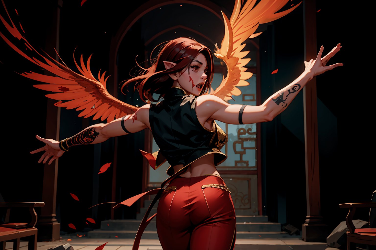 Chinese mythology, solo, 1female, monster_girl, short hair, dark red hair, (facial marks), fierce face, evil face, fangs, sexy lips, (pointed ears), (dark skin), strong body, (phoenix tattoo), (a single wing behind:1.2), dark red vest, long pants, a heavenly guardian, its normally radiant aura now dimmed by mortal wounds, bursts into the grand hall with frantic urgency. The once-stalwart warrior's usually unyielding expression is replaced by a look of desperation as it rushes to convey crucial information to the gathered officials. In a chaotic flurry of motion, the injured god stumbles forward, its usually immaculate attire now disheveled and bloodied, dynamic pose, (captured in mid-leap:1.2), (from behind:1.2), Chinese martial arts animation style