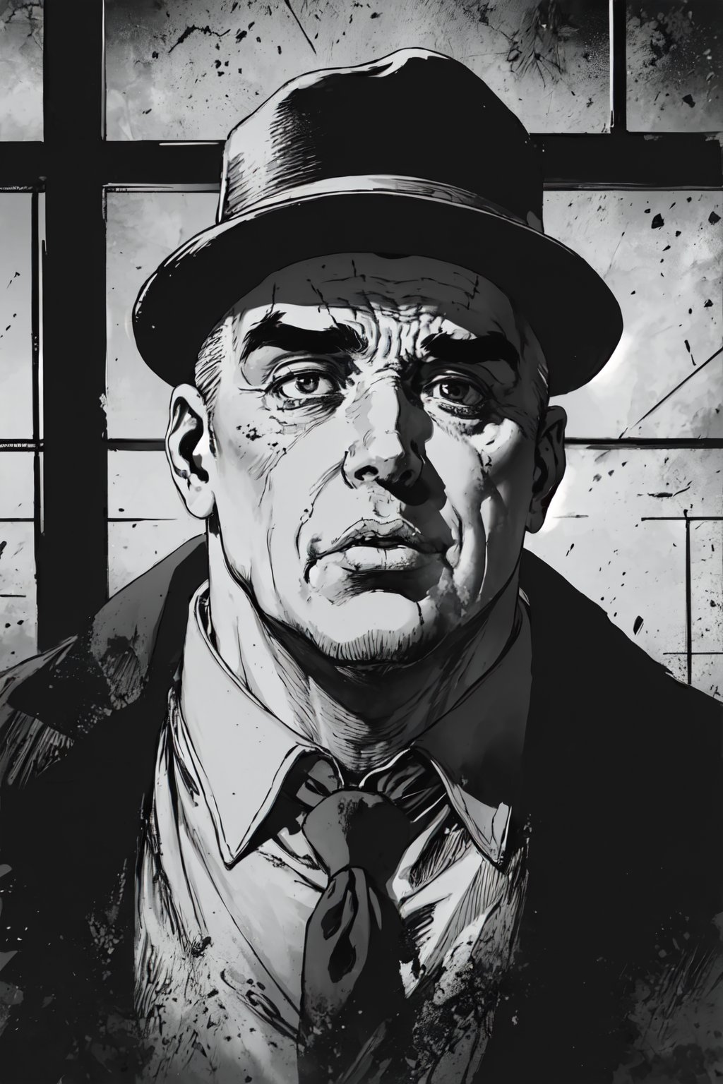 boichi manga style, monochrome, greyscale, he is Chicago gangster Al Capone, locked in a cell, looking out through the bars, with a chubby face, thick eyebrows, big eyes, big mouth and thick lips, scars on his cheeks, vicious Face, holding a cigar, wearing a round hat, tall and fat, wearing prisoner's clothing, ((masterpiece))