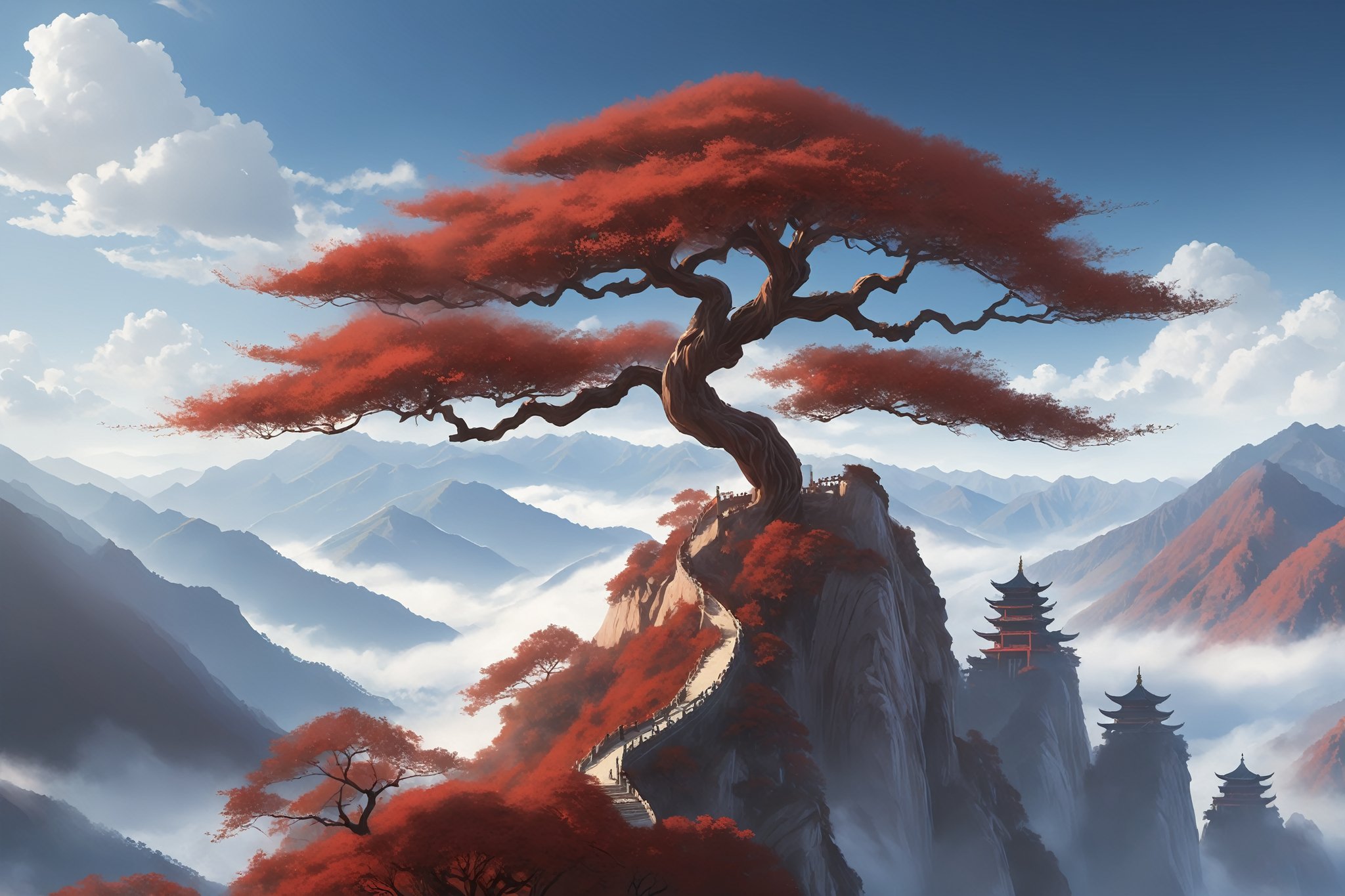 Against a misty blue sky with wispy clouds, a majestic red sandalwood tree rises from the mountainside of Tianshan in ancient China. In an anime-inspired 2D illustration, the sacred wood's delicate base stretches towards the heavens, its gnarled branches stretching outward like nature's own temple. Softly lit by golden rays, the scene is set against a serene landscape.