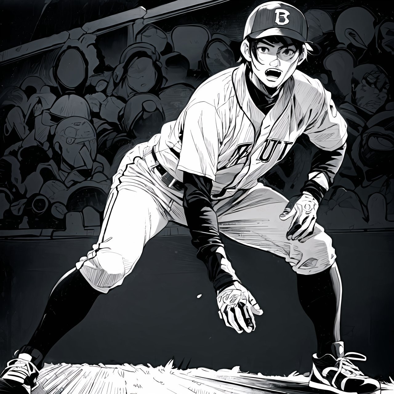 baseball field background, manga style {prompt} . vibrant, high-energy, detailed, iconic, Japanese comic style, emphasizing the simplicity and serenity of a black and white Japanese manga style, clean line work, striking visuals, bold outlines, (manga influence:1.3), boichi manga style