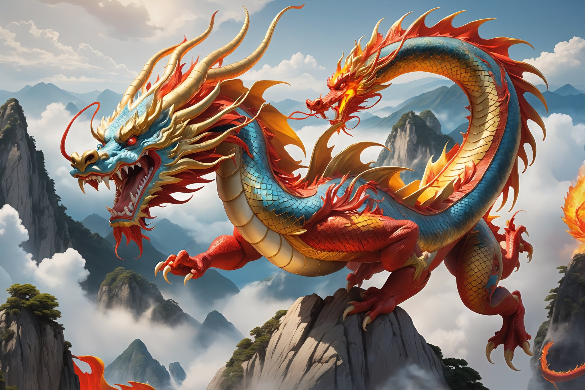 masterpiece, top quality, detailed character design, ultra-high res, UHD, full body illustration of a Chinese dragon, its scales shimmering in hues of red and gold, it soars through the clouds, breathing fire from its open jaws, graceful lines, perfect form, dynamic pose, vibrant, action-packed, embodying the spirit of the wild, epic, mythical, anime style, 2d
