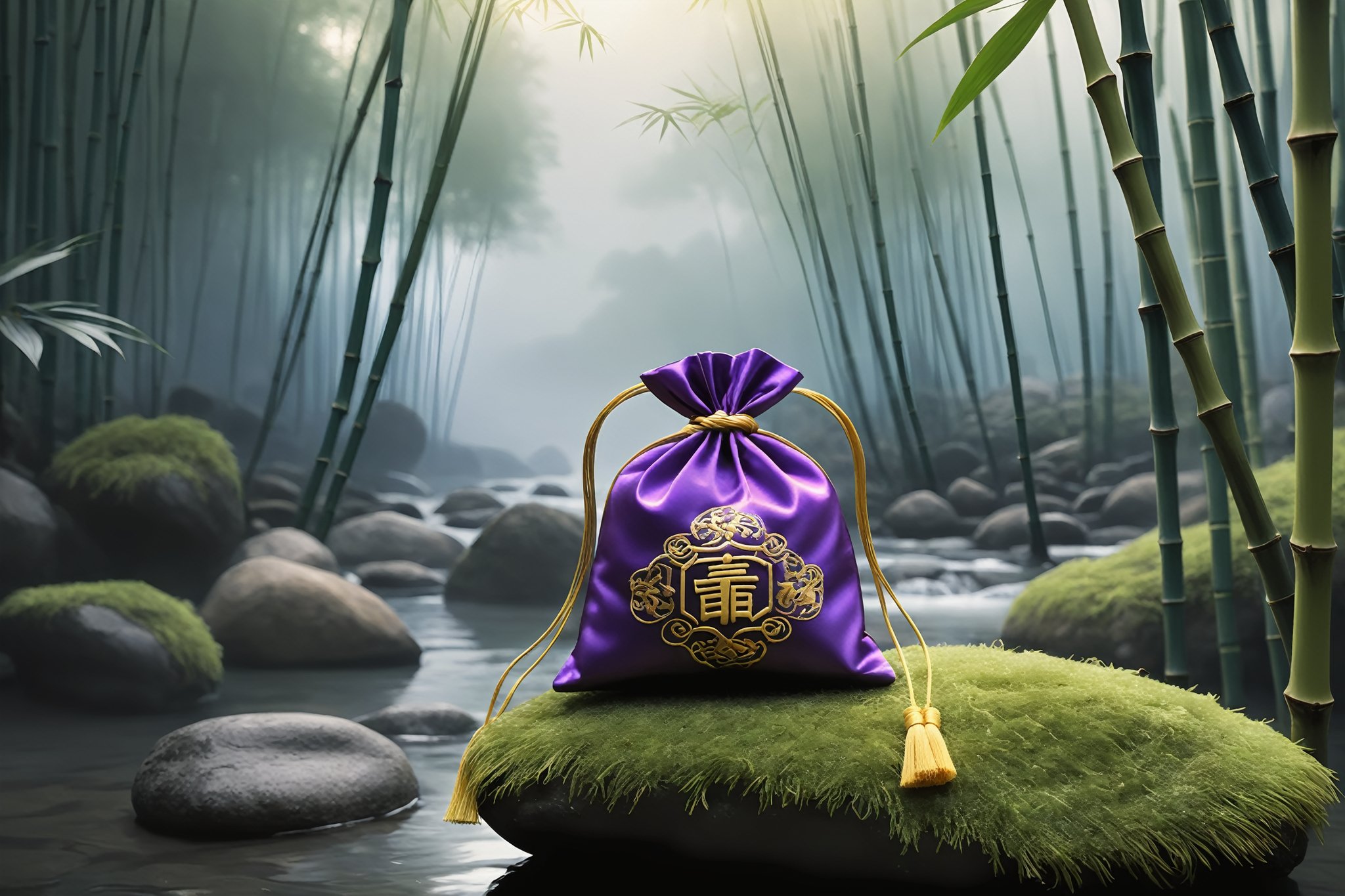 A serene, misty dawn in ancient China's bamboo forest. A delicate, purple-patterned sachet, palm-sized, sits on a moss-covered rock, its golden tie elegantly knotted at the mouth. The sachet's intricate embroidery seems to shimmer in the soft, anime-inspired light, as if infused with the essence of Chinese mythology. The atmosphere is tranquil, inviting the viewer to step into this serene, 2D world.