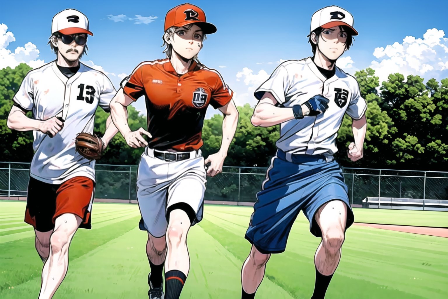 A group of baseball players, clad in worn-out uniforms and sweat-stained caps, pound the sun-kissed grass as they jog laps around the diamond. The camera captures their determined faces and glistening skin as they push themselves through a grueling field training session, the sounds of cleats crunching and heavy breathing filling the air, manga style {prompt}. vibrant, high-energy, detailed, iconic, Japanese comic style, emphasizing the simplicity and serenity of a black and white Japanese manga style, clean line work, striking visuals, bold outlines, (manga influence:1.3), boichi manga style