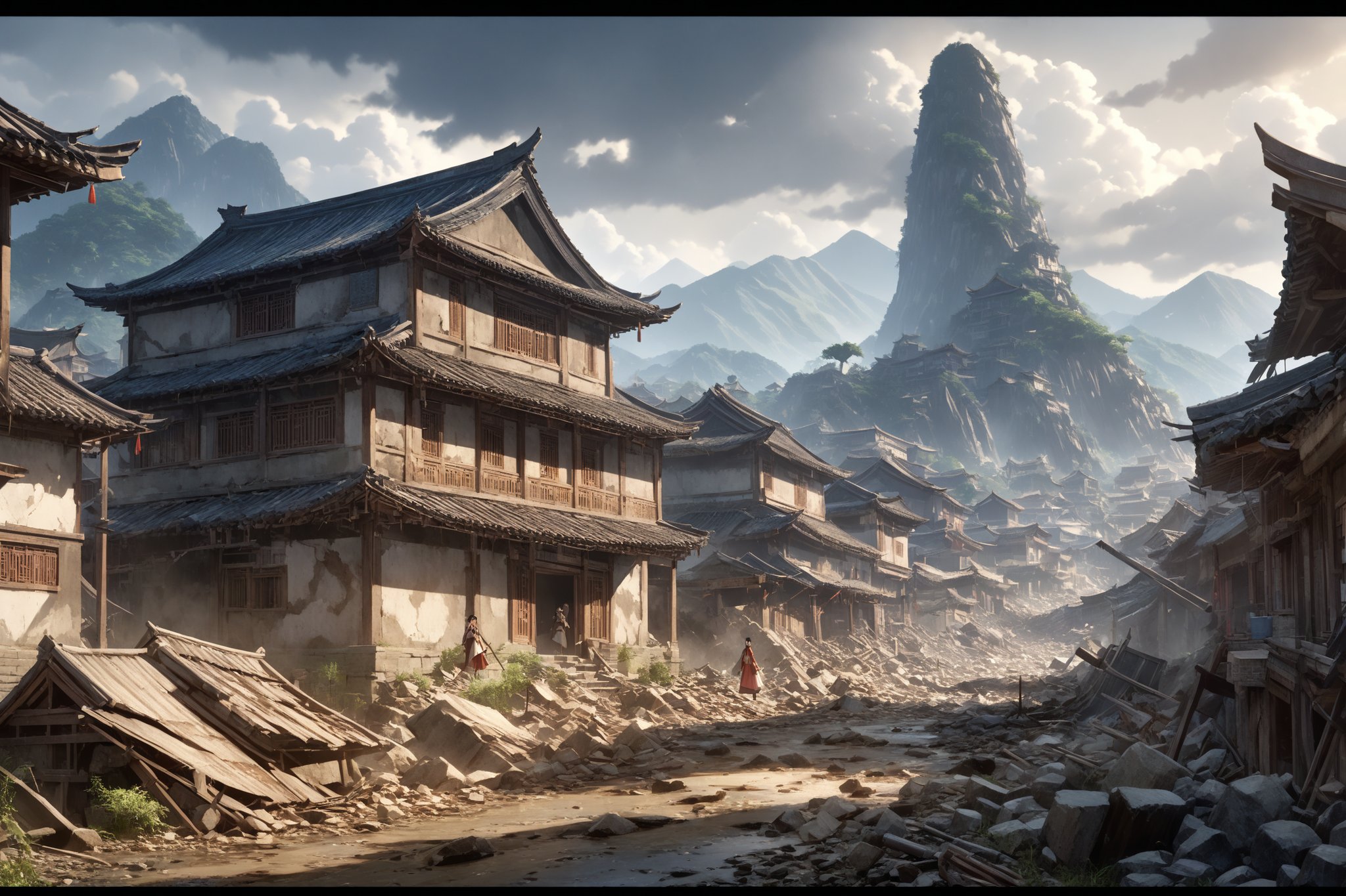 Against the backdrop of a ravaged landscape, a 2D anime masterpiece unfolds, showcasing an ancient Chinese village beset by cataclysmic events. In ultra-detailed, intricate UHD, HDR visuals, dilapidated houses crumble amidst landslides and earthquakes, as panicked villagers flee in every direction. Framed against the turbulent sky, characters' frantic poses convey a sense of urgency, set amidst a breathtakingly rendered scenery.