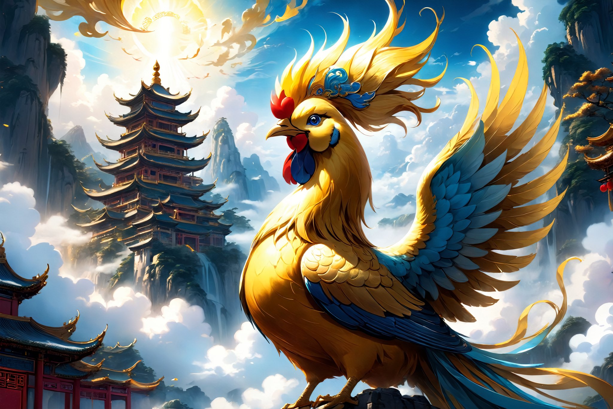 A majestic masterpiece of extreme quality and ultra detail, rendered in breathtaking UHD and HDR, depicts a whimsical illustration of Chinese mythology. In the heart of this dreamlike, ethereal scene, a radiant golden cock crowing to the sky is captured in dynamic pose, its vibrant plumage glistening as it hovers effortlessly above the clouds. The heavenly palace in the background exudes mystery and color, while the overall aesthetic evokes a sense of fantasy and wonder.