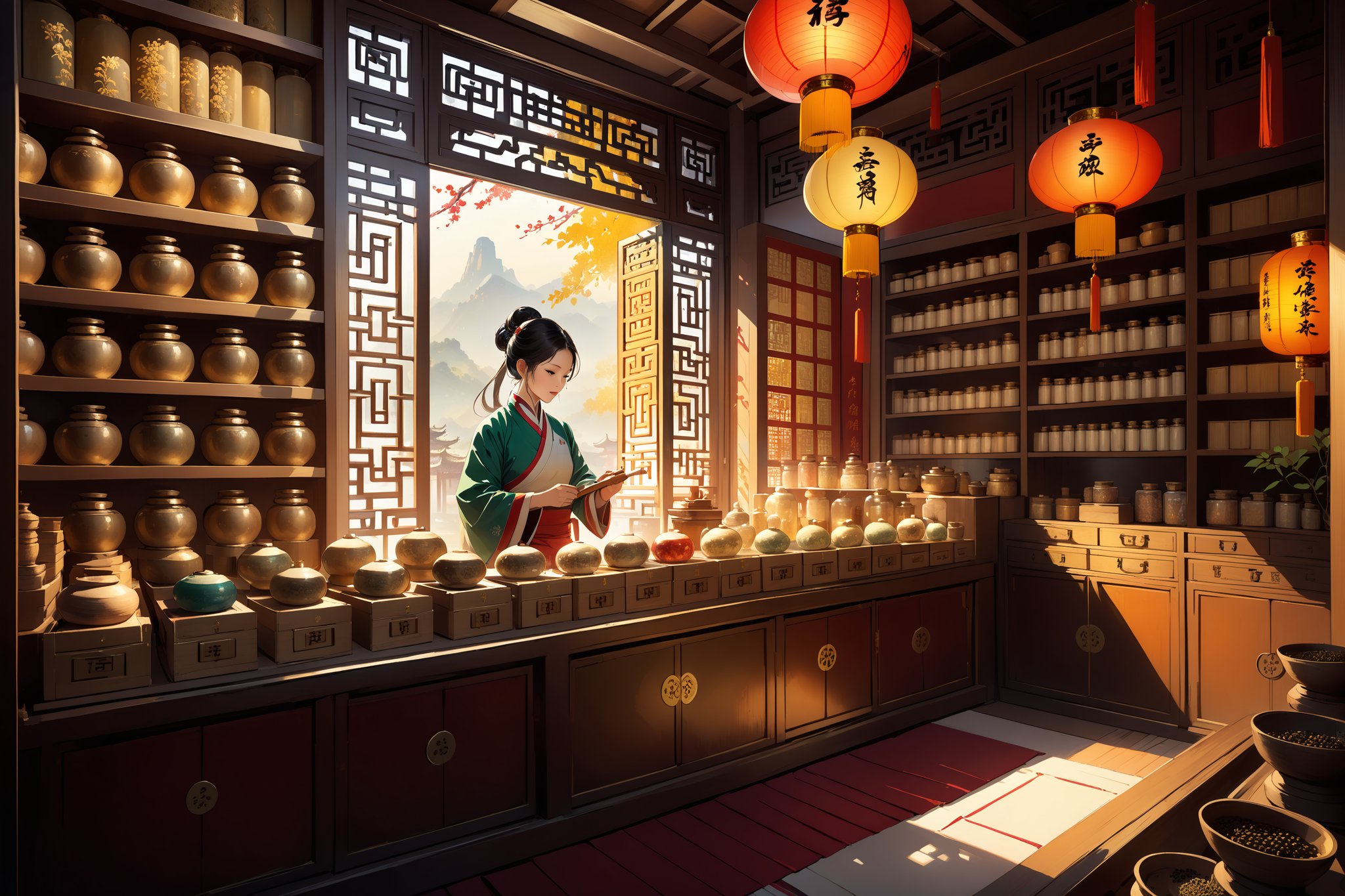 A majestic scene unfolds in this still life: a traditional Chinese apothecary shop, bathed in warm golden light, emanating from intricately carved wooden lanterns and soft, silk drapes. The walls, adorned with small drawers, display an array of colorful Chinese medicinal materials, each one meticulously arranged to showcase its unique properties. In the foreground, a busy Chinese herbalist stands at the counter, carefully preparing custom remedies for awaiting customers, their hands moving with purposeful ease as they tend to their craft.