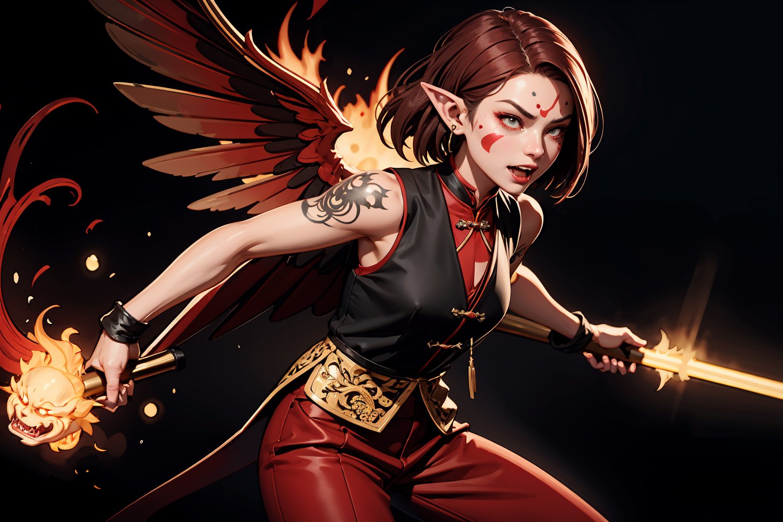 Chinese mythology, solo, 1female, monster_girl, short hair, dark red hair, (facial marks), fierce face, evil face, fangs, sexy lips, (pointed ears), strong body, (swarthy), (phoenix tattoo), (a single wing behind:1.2), holding a mace, dark red vest, long pants, smoky background, Chinese martial arts animation style