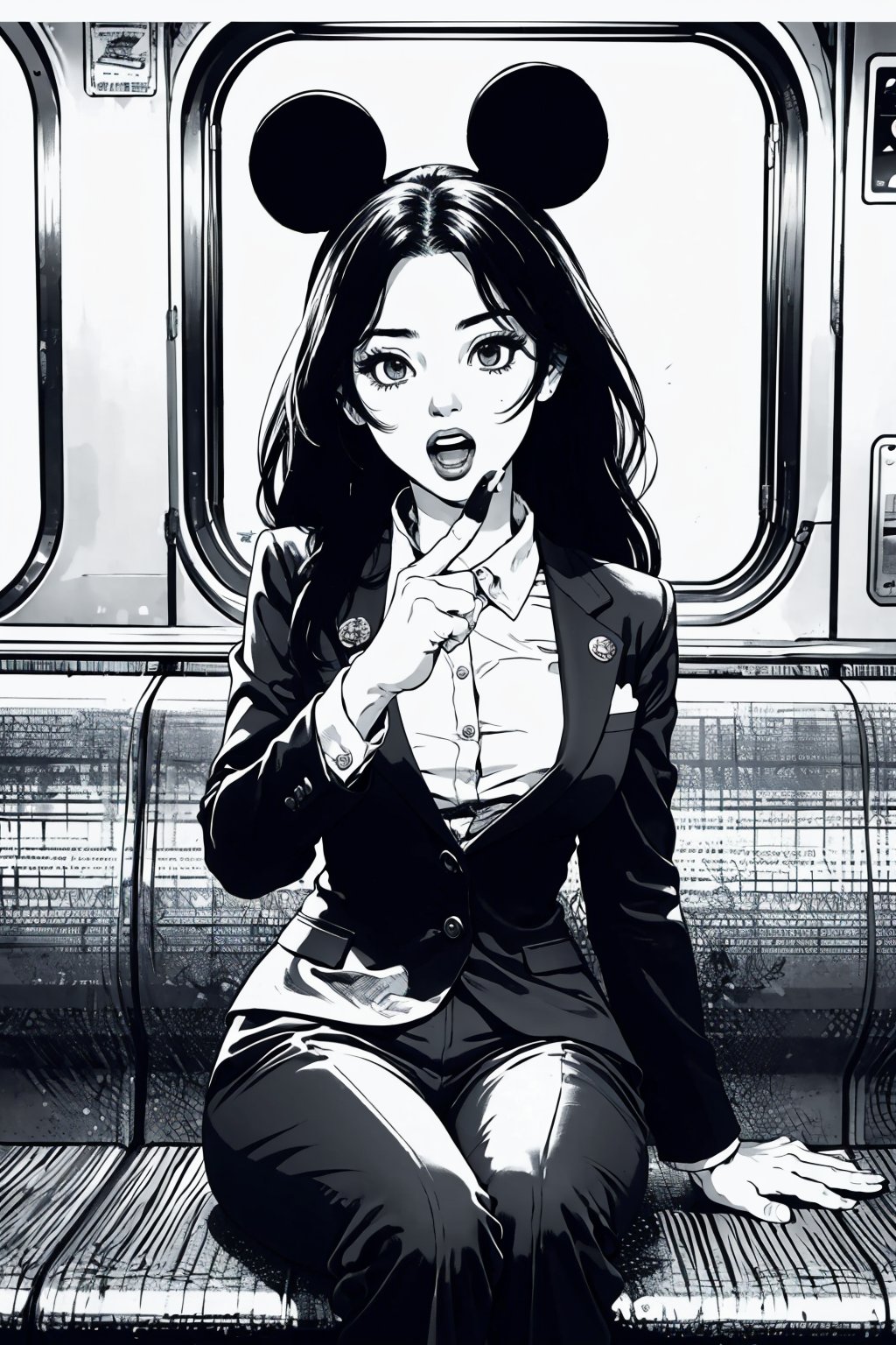 Boichi manga style, monochrome, greyscale, solo, a young lady, long hair, trouser suit, Mickey Mouse ears, she was sitting in the train privacy compartment, surprised eyes, open mouth, (one finger point to the viewer), ((masterpiece))