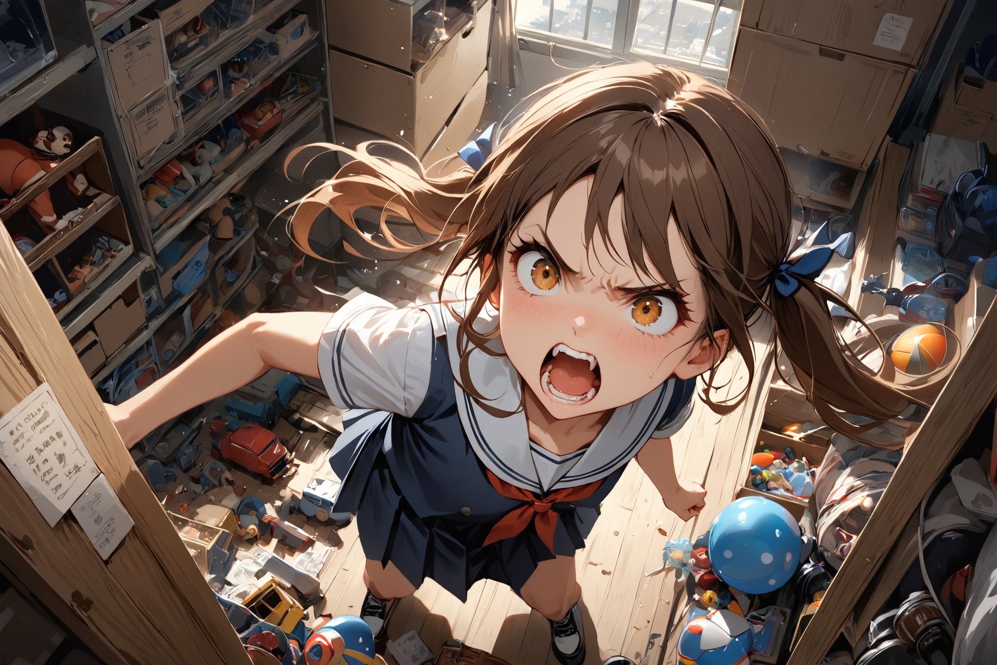 masterpiece, beautiful and aesthetic, ultra detail, intricate, detailed character design, 1girl, solo, child, (fierce expression, yelling), (brown hair, twin ponytails), (school uniform), (from above), (fighting), in storeroom, toys, stuffs, clutter up