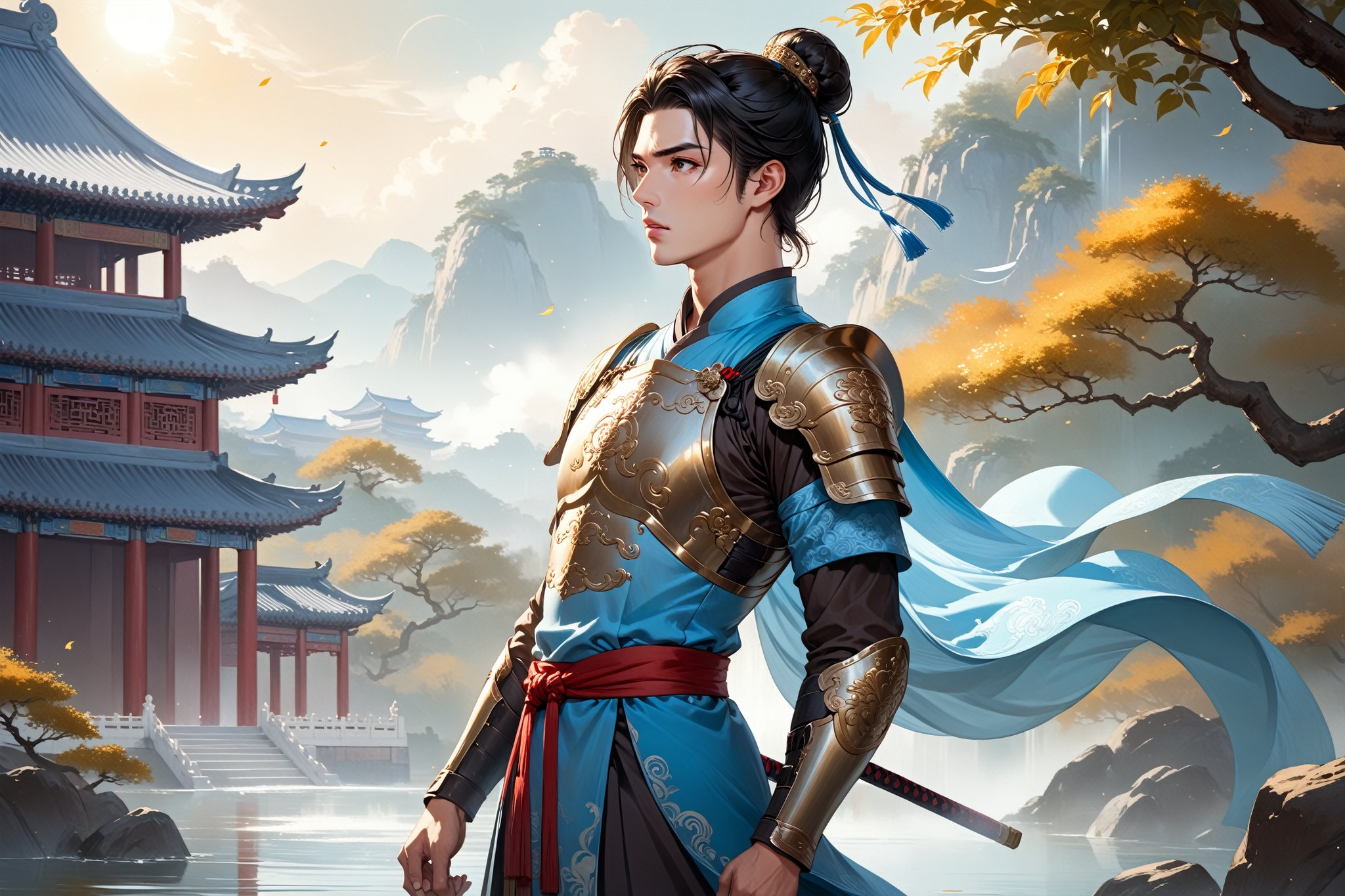 masterpiece, beautiful and aesthetic, ultra detail, intricate, (solo, 1male:1.5), 25 years old, detailed character design, Chinese mythology story, a heavenly guardian, serene expression, manly, bushy eyebrows, wide eyes, wide jaw, (black hair, a single hair bun), tall and lean, (Han Chinese clothing, armor, brown), from side, dynamic pose, standing, holding a book, creating a picturesque view of a heavenly palace, bathed in soft, ethereal light.