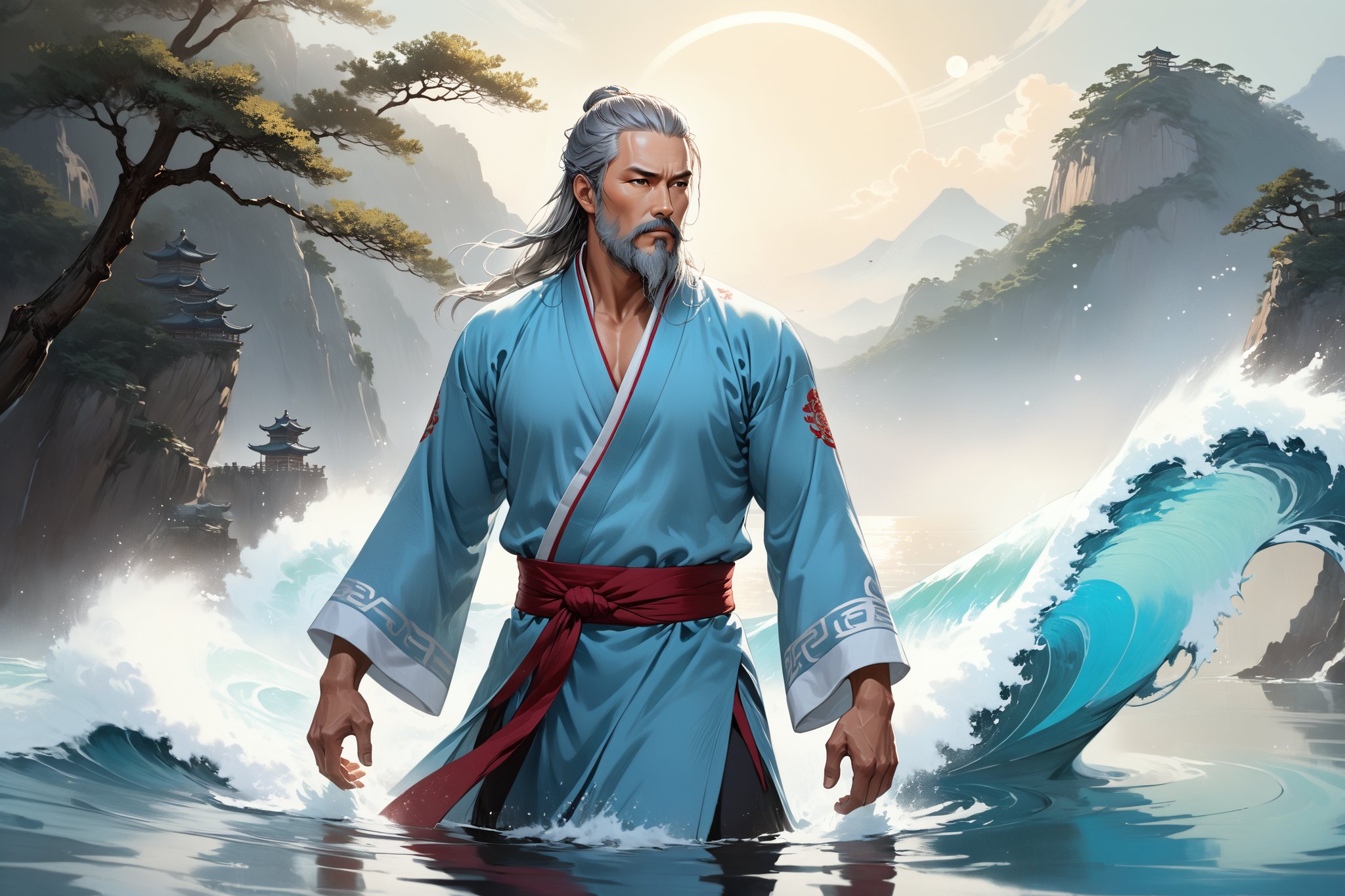 masterpiece, beautiful and aesthetic, ultra detail, intricate, Chinese martial arts animation style, divine, manly, legendary, 1male, solo, (40 years old:1.5), detailed character design, a look of determination, two beards, long grey hair, tall and thin, aqua Taoist robe, upper body, dynamic pose, walking on water, creating a picturesque view of a heavenly palace, wave, bathed in soft and ethereal light.