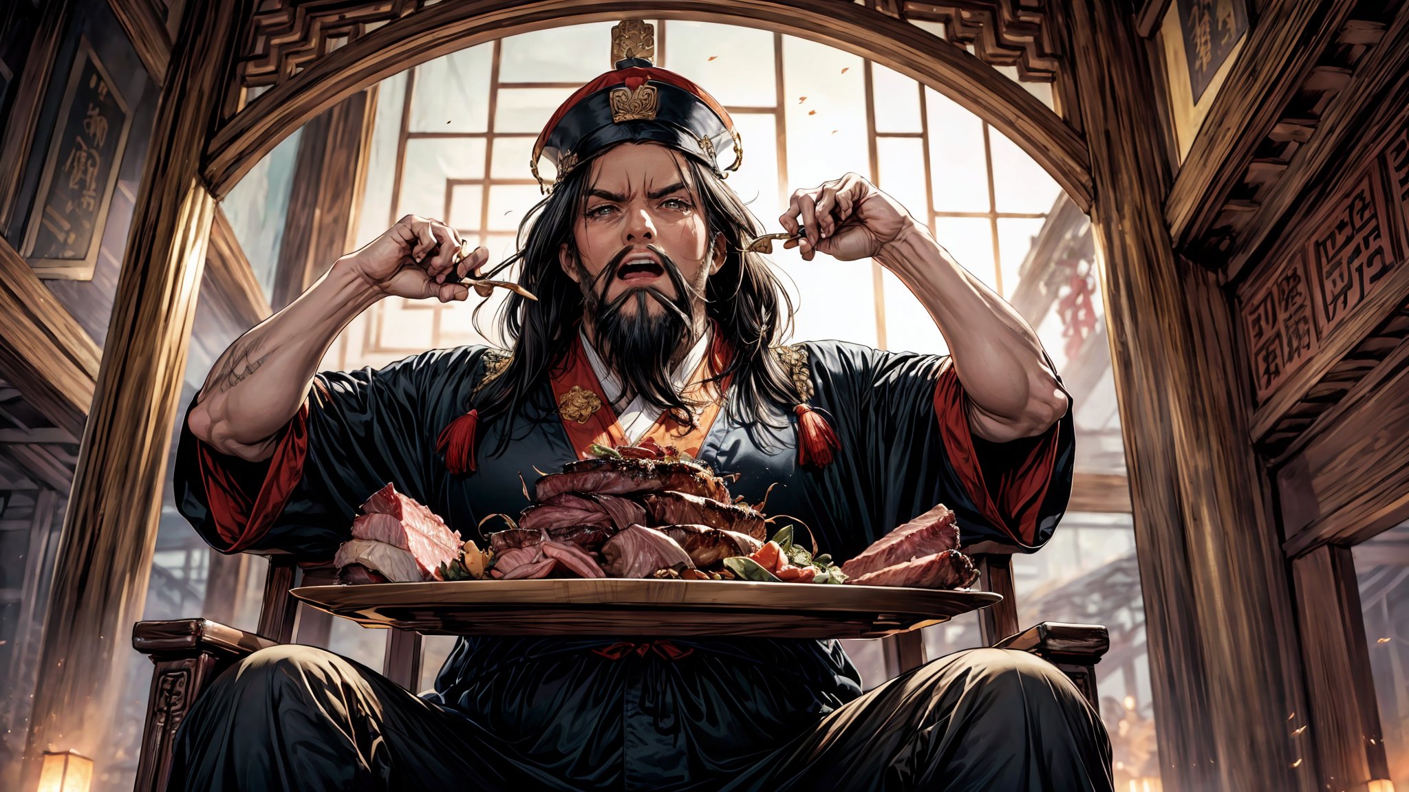 boichi manga style, one old man, a Chinese emperor, sitting in a throne chair, eating meat, evil face, long beard long, black hair, scar on left eye, angry face, flesh_fang, (tall, fat), full_body, from below, straight crown, golden Taoist robe, Chinese palace background, royal, dynamic poses, ((masterpiece))
