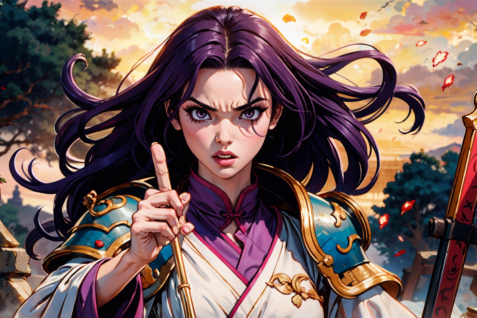 In Chinese mythology, solo, 1girl, big eyes, pink lips, long curly hair, purple hair, tall and thin, warrior, armor, long robe, angry, finger point to the people, ancient China style, boichi manga style