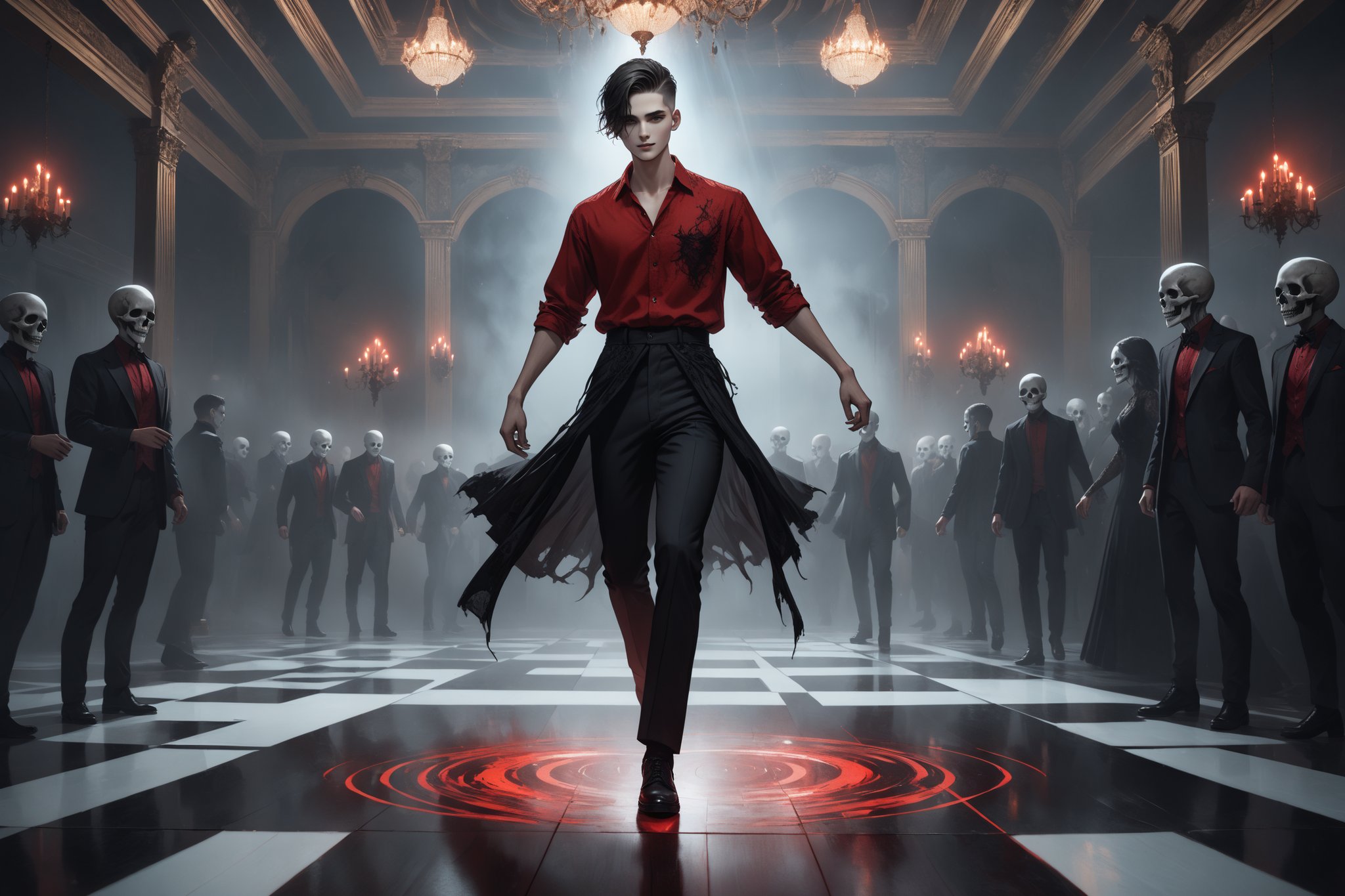 horror-themed {prompt} . eerie, unsettling, dark, spooky, suspenseful, grim, highly detailed, masterpiece, beautiful and aesthetic, ultra detail, intricate, 1male, solo, 23 years old, detailed character design, delicate face,  smile, gray eyes, (dark hair, Classic Undercut), red shirt, black dress pants, (full body:1.5), dynamic pose, embodying the spirit of the wild, dancing, dance floor, lasers 