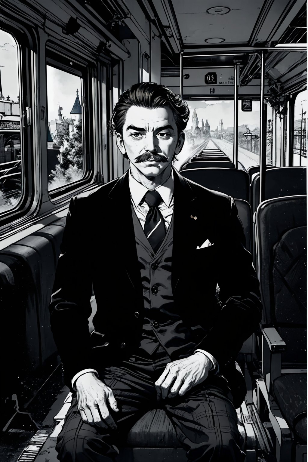 Boichi manga style, monochrome, greyscale, solo, a young man, he is Walt Disney, the founder of Disneyland, slicked hairstyle, mustache, traditional plaid suit, he was sitting in the train compartment, looking at the scenery outside the window, a young  lady, blonde hair, sit opposite him, ((masterpiece))