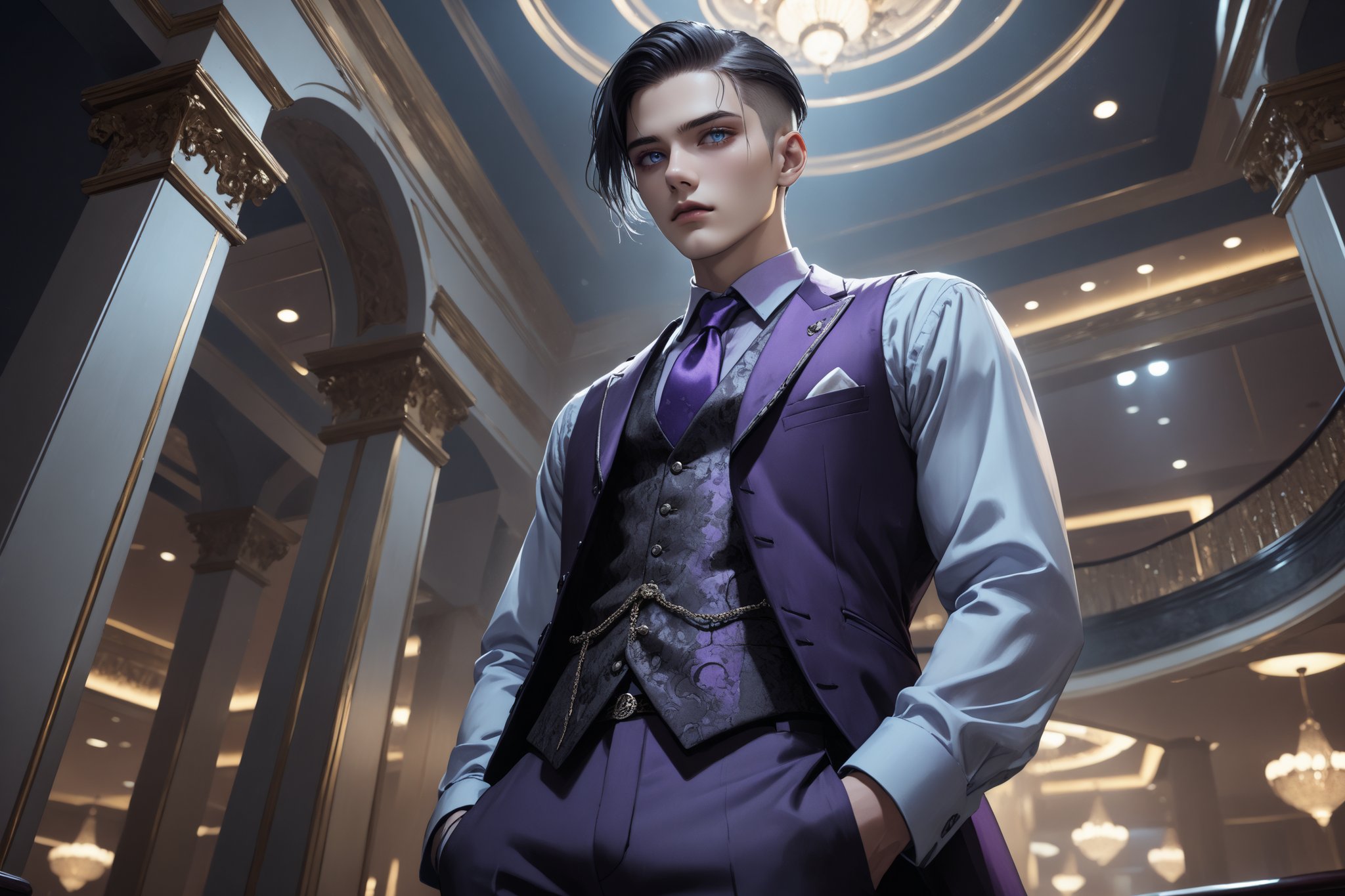 horror-themed {prompt} . eerie, unsettling, dark, spooky, suspenseful, grim, highly detailed, masterpiece, beautiful and aesthetic, ultra detail, intricate, 1male, solo, 23 years old, detailed character design, delicate face, (proud expression), light blue eyes, (dark hair, Classic Undercut), silver waistcoat, purple shirt, deep blue tie, (hands in pockets:1.5), (from below:1.2), dynamic pose, action-packed, in the casino 