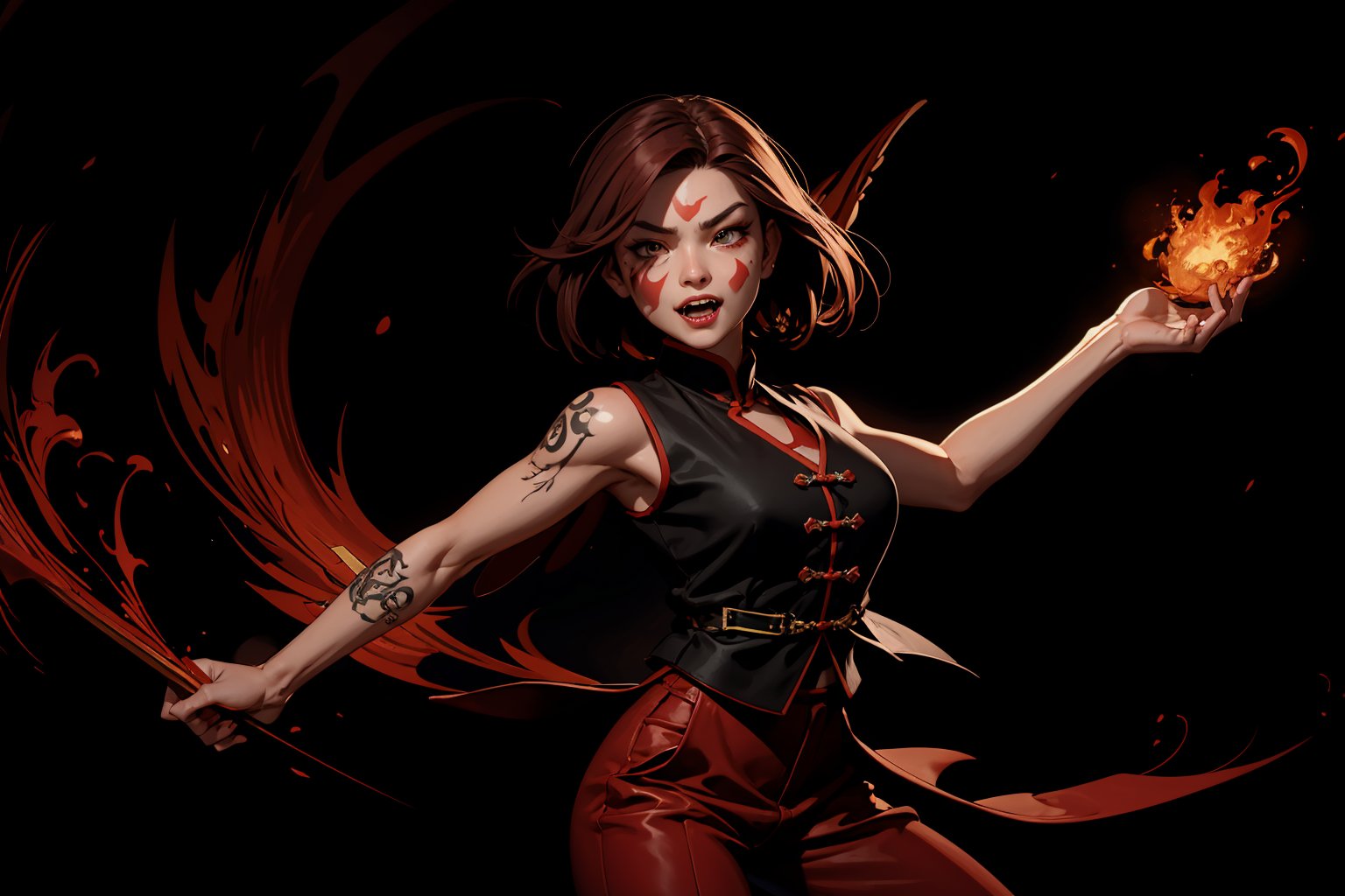 Chinese mythology, solo, 1female, monster_girl, short hair, dark red hair, (facial marks), fierce face, evil face, fangs, sexy lips, (pointed ears), (dark skin), strong body, (phoenix tattoo), (a single wing behind:1.2), (hold up a token:1.2), dark red vest, long pants, Chinese martial arts animation style