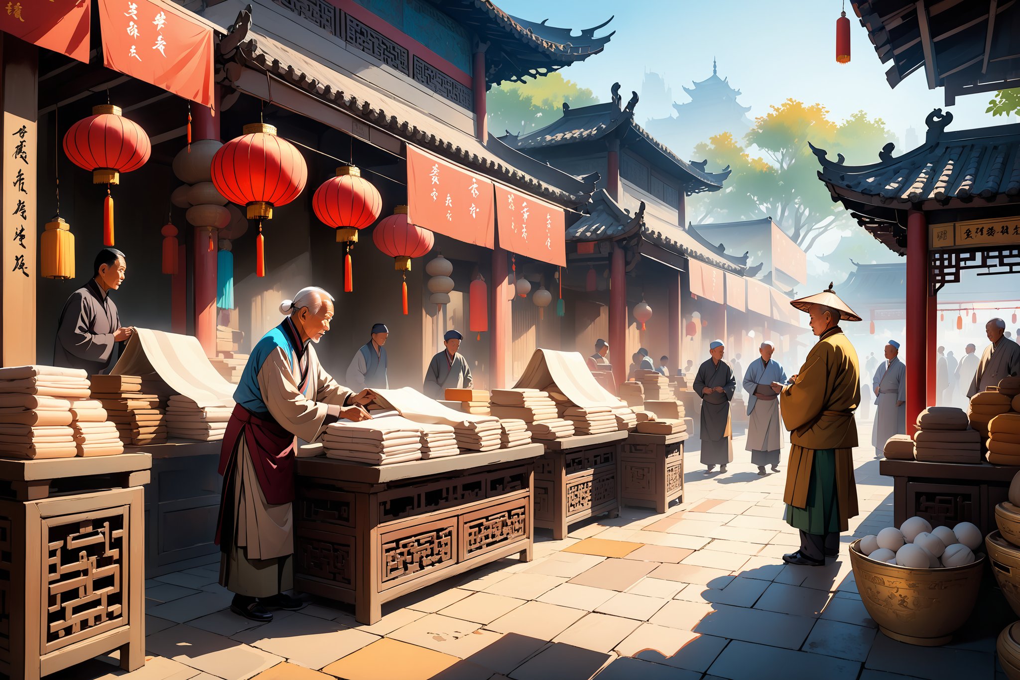 A serene morning mist shrouds the vibrant marketplace, with intricately carved wooden stalls and colorful silk fabrics on display. Amidst this bustle, an elderly gentleman stands atop a weathered stone pedestal, his wrinkled hands grasping a worn scroll as he delivers a passionate speech to a captivated audience of merchants, artisans, and villagers. Soft sunlight casts long shadows across the ancient tiles, highlighting the intricate patterns and textures of traditional Chinese architecture.