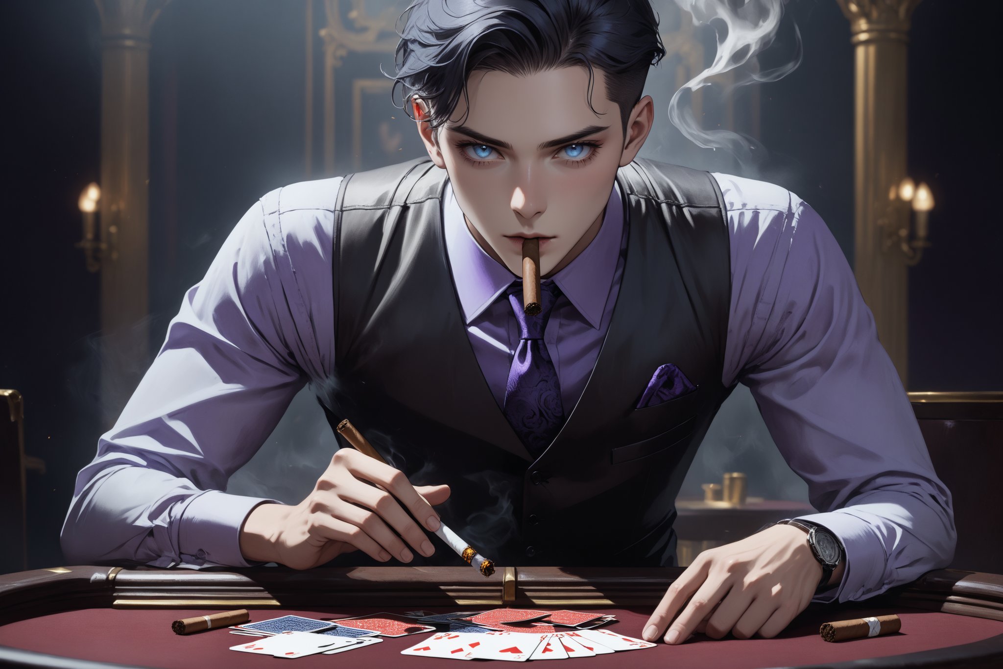 horror-themed {prompt} . eerie, unsettling, dark, spooky, suspenseful, grim, highly detailed, masterpiece, beautiful and aesthetic, ultra detail, intricate, 1male, solo, 23 years old, detailed character design, delicate face, proud expression, light blue eyes, (dark hair, Classic Undercut), silver waistcoat, purple shirt, deep blue tie, (upper body, straight on:1.5), dynamic pose, (cigar in mouth:1.5), play cards, (a golden cigarettes case on card table:1.5), in the casino 