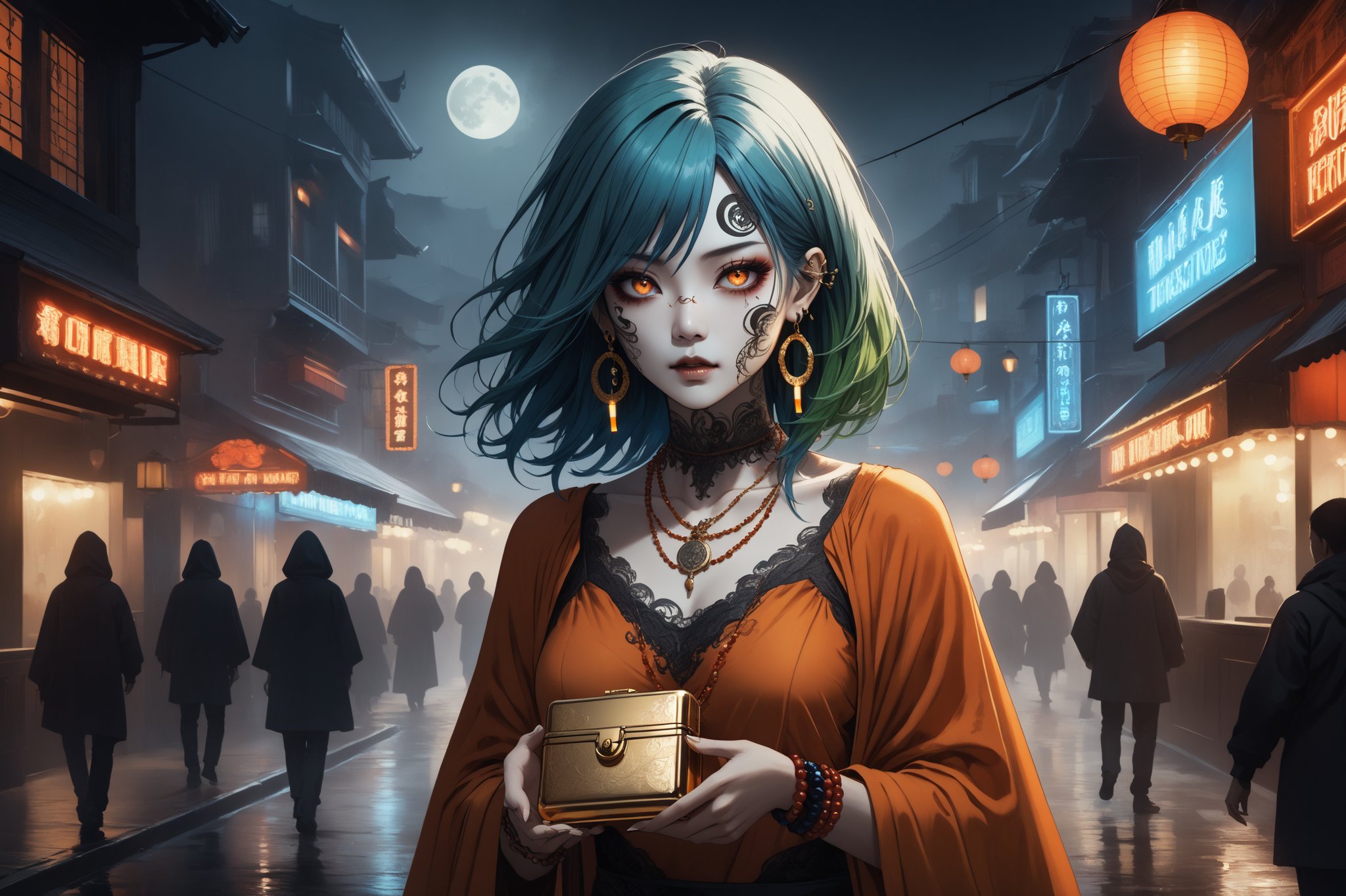 horror-themed {prompt} . eerie, unsettling, dark, spooky, suspenseful, grim, highly detailed, masterpiece, beautiful and aesthetic, ultra detail, intricate, 1female, solo, 45 years old, detailed character design, Asian, mysterious, (facial tattoo:1.2), ghostly eyes, crescent earrings, (medium hair disheveled, Split-color Hair, Deep Green Hair, Blue Hair), small body, full figure, deep orange poncho, bead_necklace, bead_bracelet, (head down:1.2), (hand in a golden cigarette case:1.5), outdoors, night club street, night moon