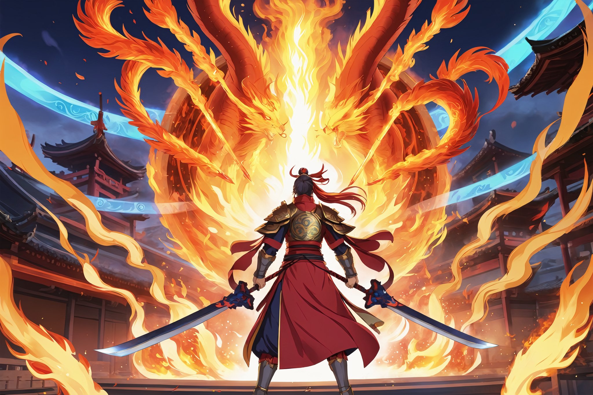 anime artwork {prompt} . anime style, key visual, vibrant, studio anime, highly detailed. In Chinese mythology, the gods displayed red flame magic weapons, and the flames were blazing.