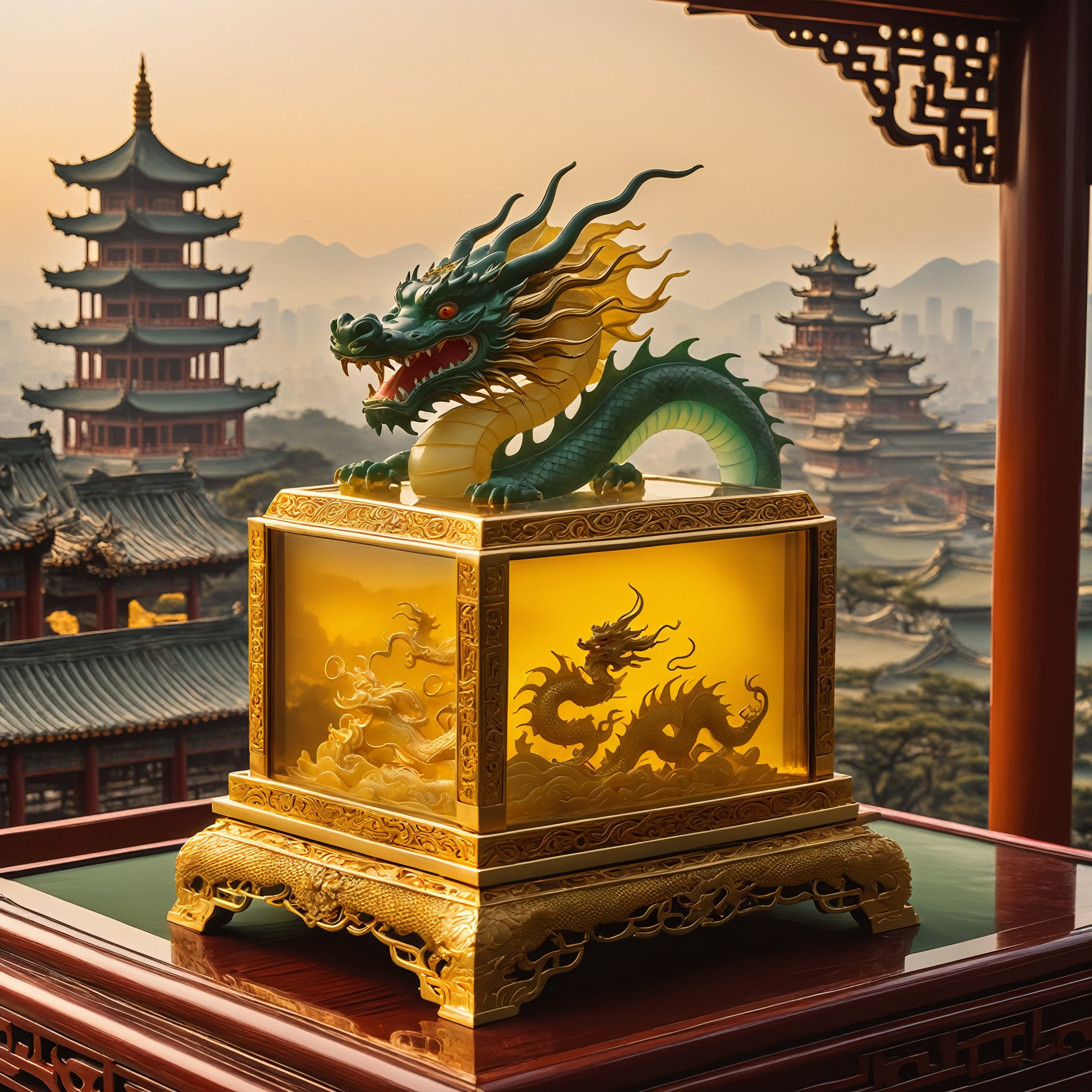 A majestic Yellow Jade Dragon rises from a velvet-lined jewel case, its scales glinting under soft, golden lighting. In the background, a blurred cityscape of ancient China's misty mountains and pagoda-topped rooftops. A delicate, ornate frame surrounds the dragon, adorned with intricate carvings of Chinese symbols. The atmosphere is one of mystique and otherworldly power.