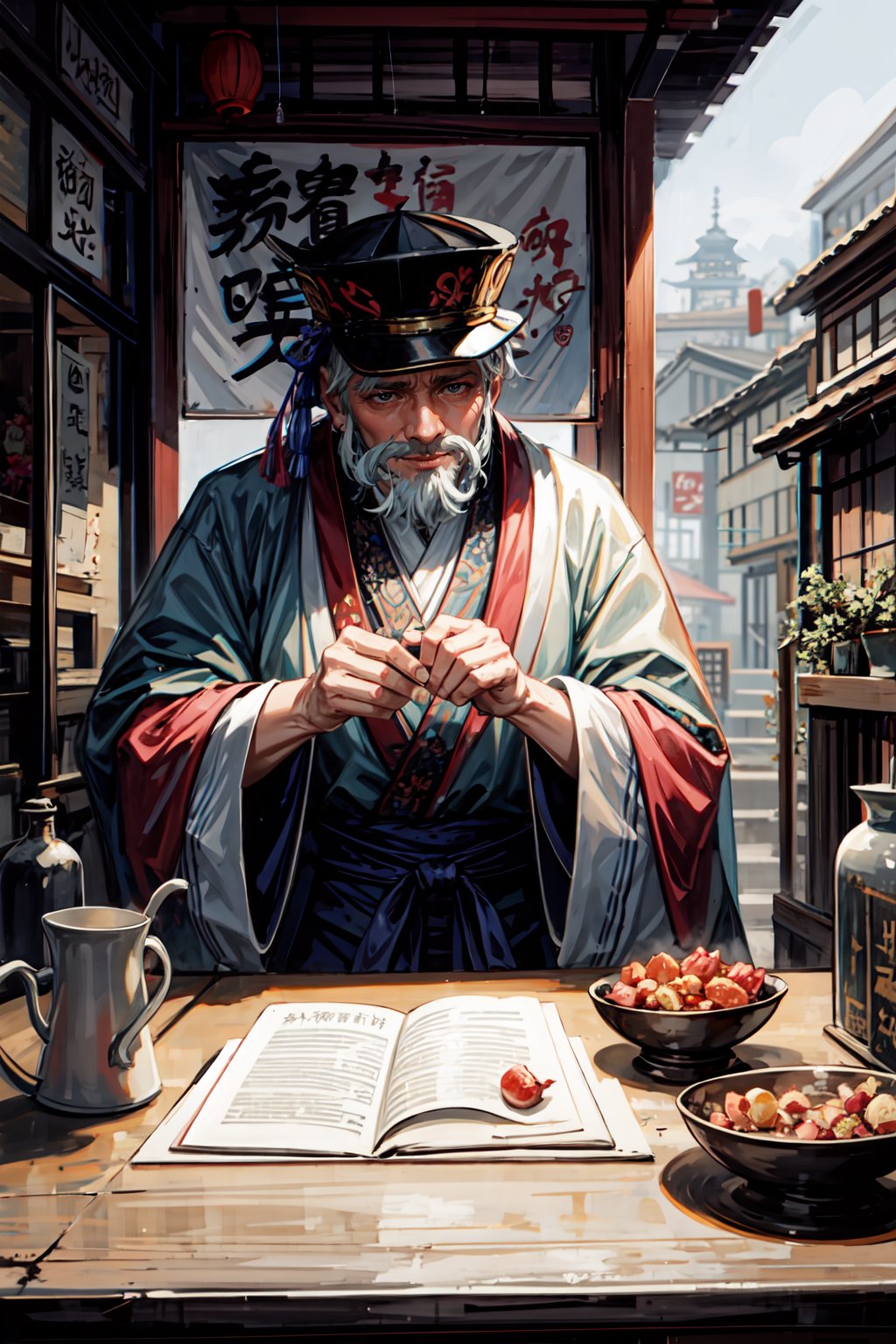 An ancient Chinese street scene, an independent and shabby small vendor, sitting there is an old gentleman, wearing an ancient Chinese hat and reading glasses, squinting and smiling, with a white beard on both sides, a white goatee on the chin, and wearing a Hanfu robe , holding a big brush in his hand and a big abacus on the table. 