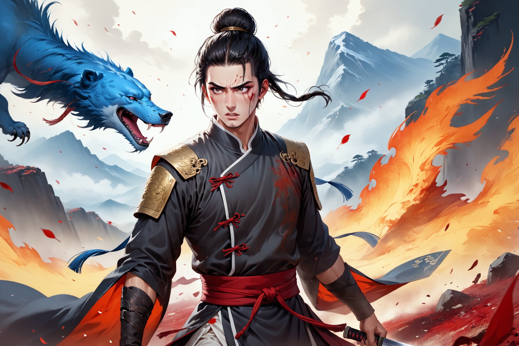 masterpiece, beautiful and aesthetic, ultra detail, intricate, (solo, 1male:1.5), 25 years old, detailed character design, Chinese mythology story, a heavenly guardian, manly, bushy eyebrows, wide eyes, wide jaw, (black hair, a single hair bun), tall and lean, (Han Chinese clothing, brown). A masterpiece of pain and suffering: He was a proud warrior, now lies brutally wounded on the crimson-stained ground. His tattered robes cling to his ravaged body, punctuated by dozens of stab wounds, each one telling a tale of brutal combat. His face, a canvas of agony, bears the scars of countless knife slashes. Eyes wide with pain, he teeters precariously, his very existence a testament to the merciless ferocity of battle. Mountain, mists, autumn leaves fluttering around