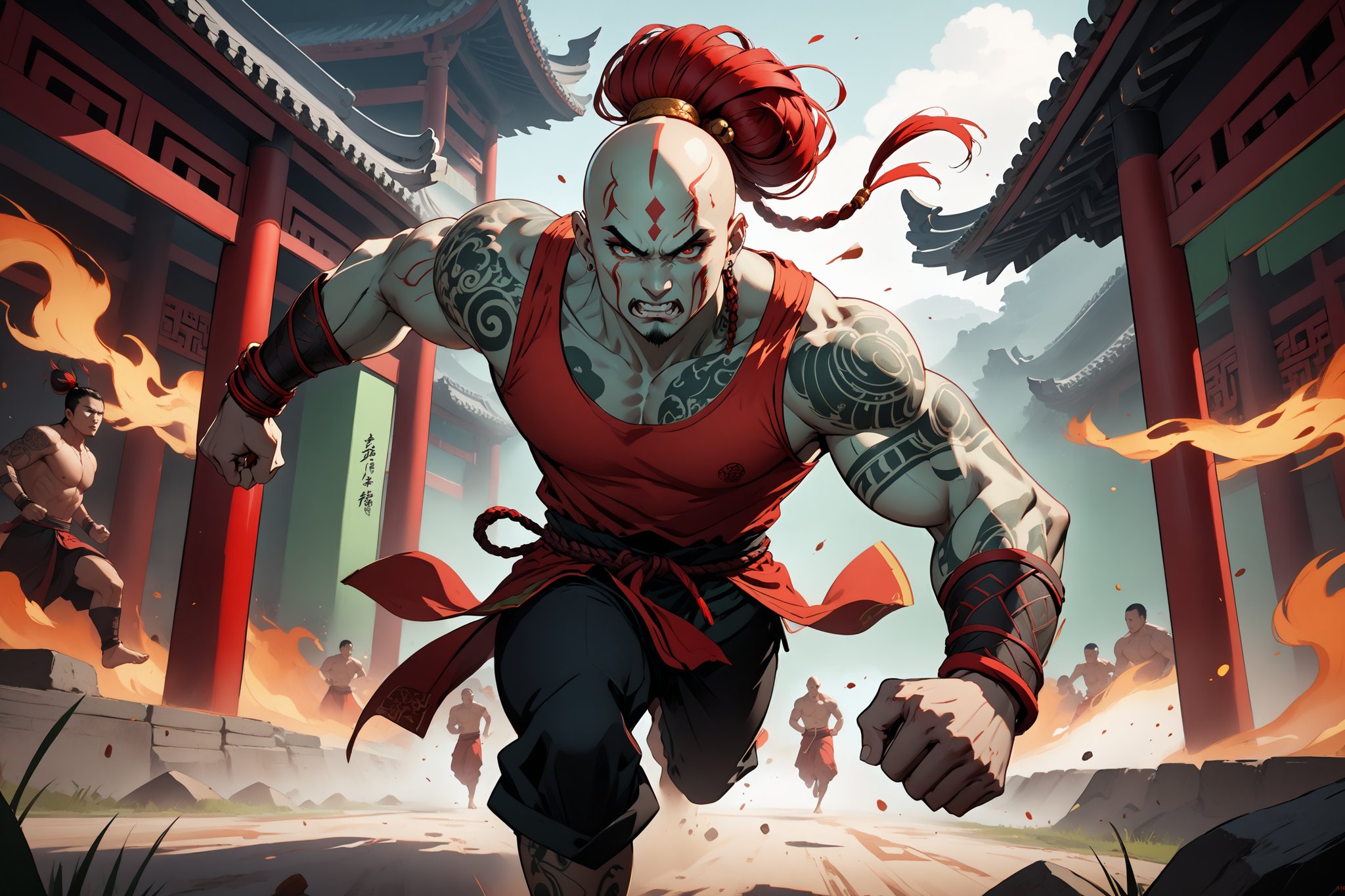 masterpiece, beautiful and aesthetic, ultra detail, intricate, 1male, solo, Berserker, Chinese mythology story, broad cheeks, (face burn scar), fierce expression, Buck-toothed, (thick eyebrows, red eyebrows), big eyes, aquiline nose, (bald, a red bun), (light green skin), (arm tattoo, tribal tattoo), giant, developed muscles, thick legs, barefoot, (red tank top), bracer, black pants, anklet, running, dynamic pose, powerful pose, Chinese martial arts animation style, out of prison