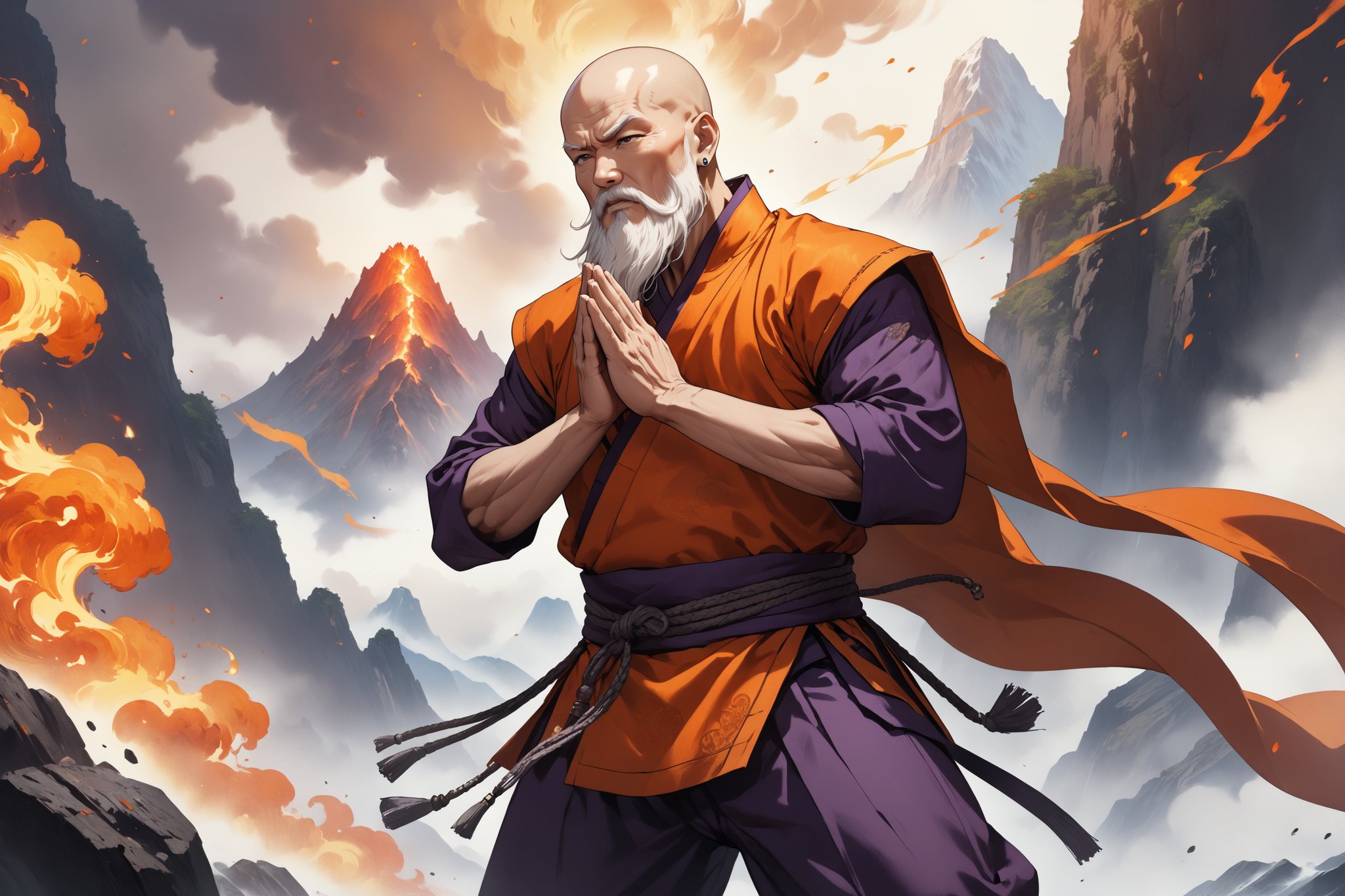 masterpiece, beautiful and aesthetic, ultra detail, intricate, 1male, solo, (60 years old, old man), detailed character design, warrior monk, godlike, domineer expression, bead_earrings, (full beard, white), bald, (short stature, muscular), (Kasaya of Shoulder-covering Style, orange), dark purple pants, (small magic flames on shoulders), (close-up), dynamic pose, (hands in prayer pose:1.5), standing on the peak, Chinese martial arts animation style, volcanos, mists