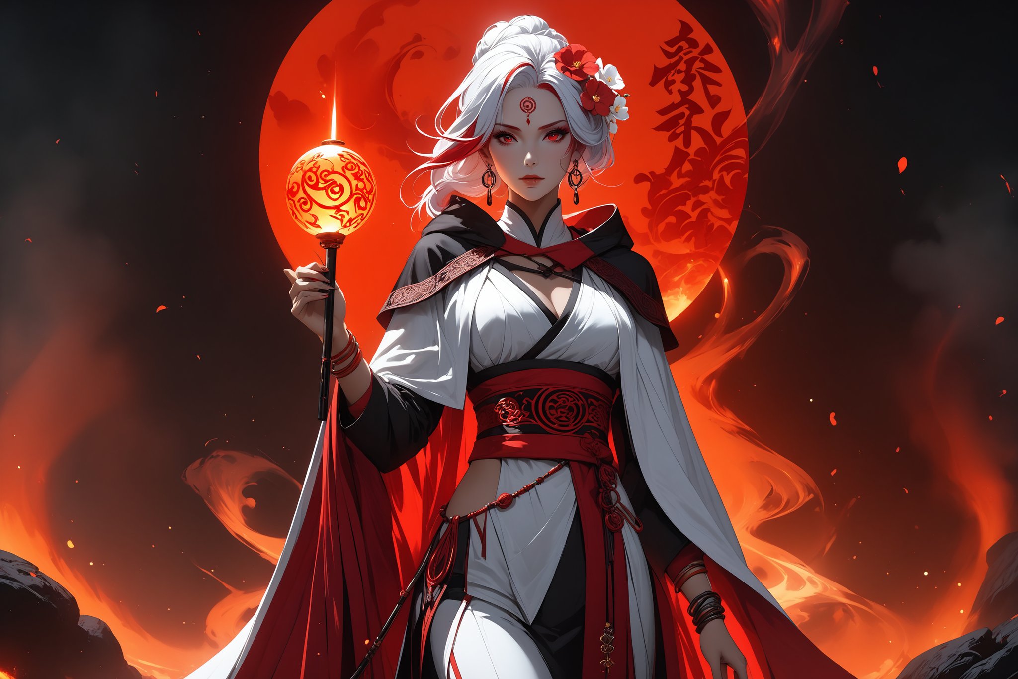 masterpiece, beautiful and aesthetic, ultra detail, intricate, 1female, 40 years old, detailed character design, sorceress, mysterious, (a red mole on forehead:1.2), red eyes, hoop earrings, (medium hair, traditional Chinese updo, Split-color Hair, white Hair, red Hair), hair flower, bangle, short stature, hooded cloak, (Taoist robe, pants, orange), cane, (straight on:1.5), dynamic pose, her hands crackling with arcane energy, standing on lava, smokey, mysterious colorful, magic effect, in heavenly palace