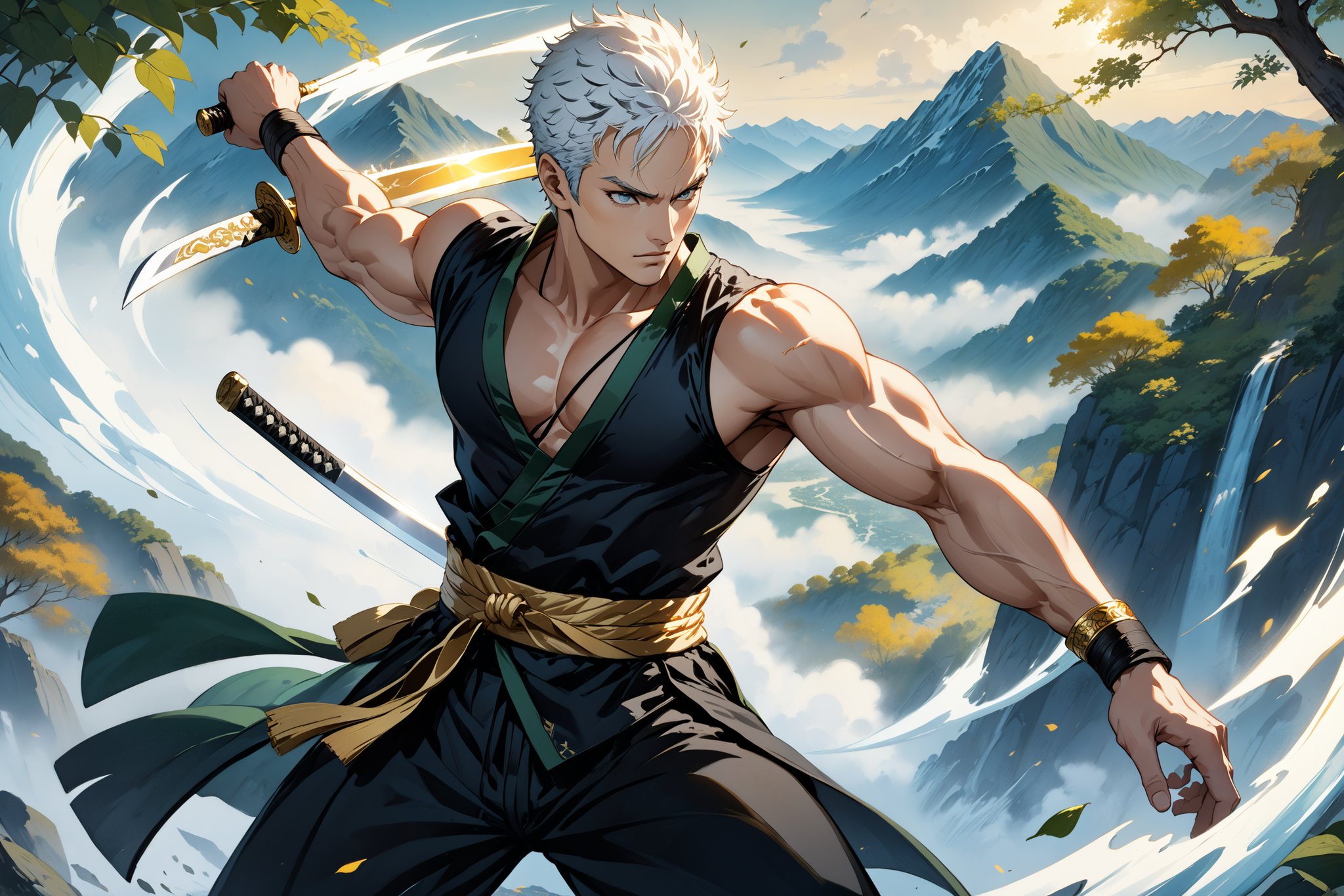 masterpiece, beautiful and aesthetic, ultra detail, intricate, 1male, solo, representation of the legendary martial artist, Roronoa Zoro features, detailed character design, serious expression, (white hair), exquisite body, strong abdominal muscles, (golden armlet:1.2), (black half gloves), black martial arts belt, (black Hanfu, sleeveless), black lace-up ankle brace, (he wields a single golden broadsword, unique and finely detailed). He soars through the air, he showcases his exceptional martial arts prowess. With a swift flourish, his razor-sharp sword slices through the air, casting dramatic shadows on the surrounding landscape. The scene is set against a serene backdrop of misty mountains and lush greenery, his figure frozen in mid-air, radiating power and finesse.