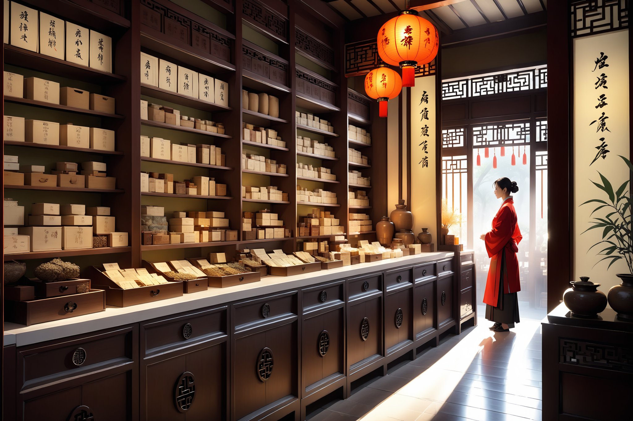 In this majestic masterpiece, a serene ancient Chinese medicine store unfolds before us. Soft, warm lighting illuminates the intricately arranged small drawers lining the walls, each containing an assortment of Chinese medicinal materials. Amidst the tranquil atmosphere, a busy Chinese herbalist stands at the counter, meticulously preparing traditional remedies for awaiting customers.