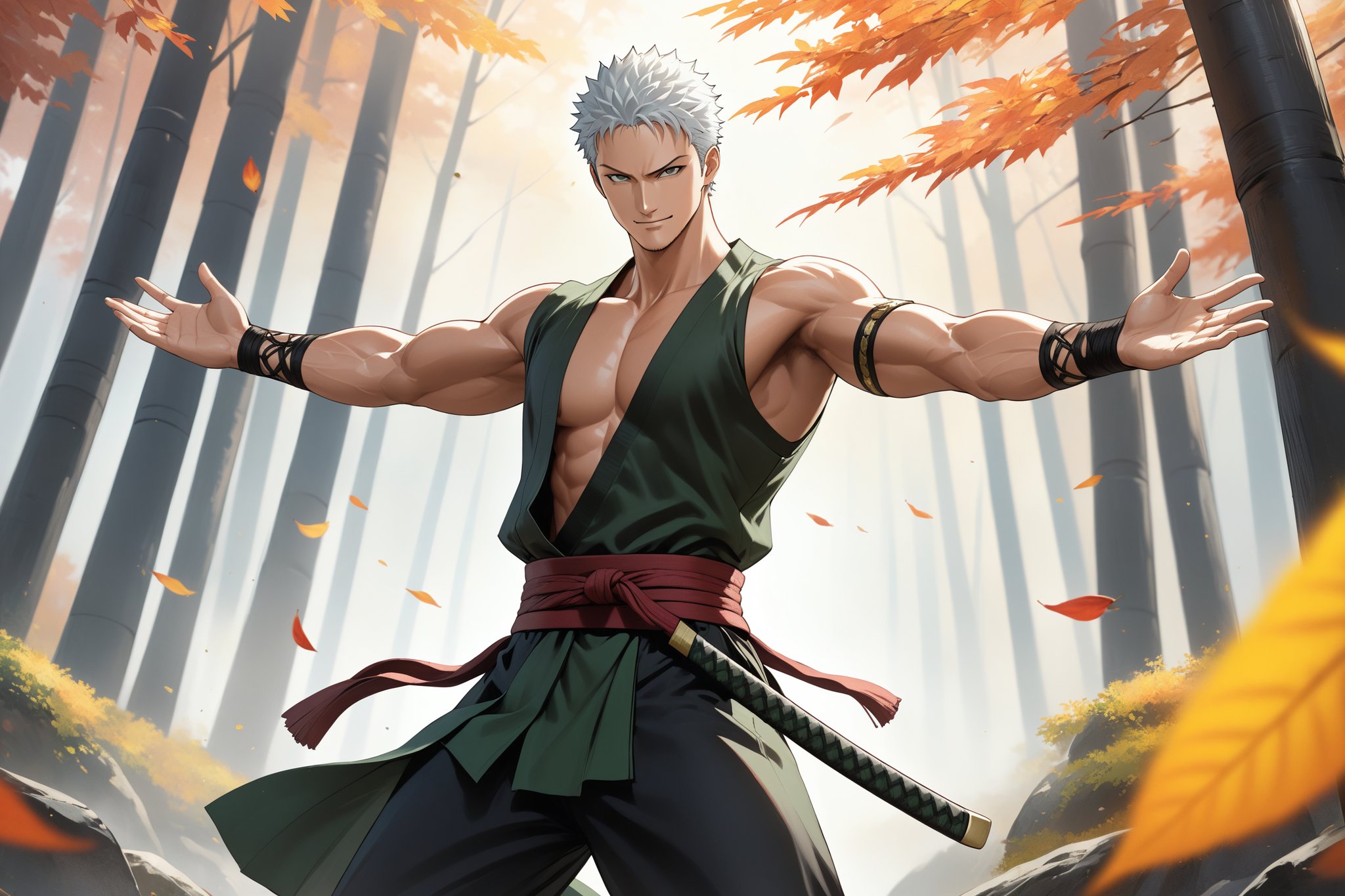 masterpiece, beautiful and aesthetic, ultra detail, intricate, 1male, solo, representation of the legendary martial artist, Roronoa Zoro features, detailed character design, (proud expression), smile, (white hair), exquisite body, strong abdominal muscles, (golden armlet:1.2), (black half gloves), black martial arts belt, (black Hanfu, sleeveless), black lace-up ankle brace, (from side:1.5), (spread hands), dynamic pose, forests, mists, autumn leaves fluttering around