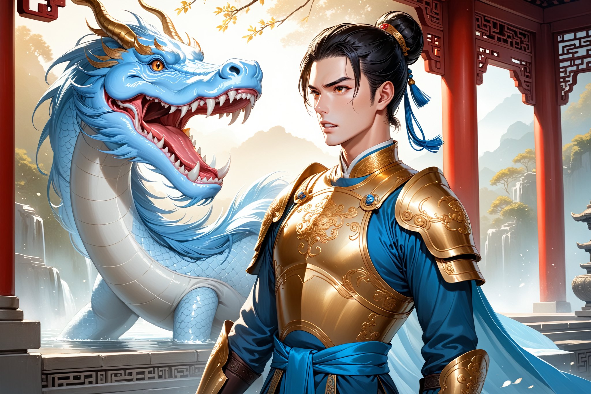 masterpiece, beautiful and aesthetic, ultra detail, intricate, (solo, 1male:1.5), 25 years old, detailed character design, Chinese mythology story, a heavenly guardian, serene expression, manly, bushy eyebrows, big eyes, (wide jaw:1.5), (black hair, a single hair bun), tall and lean, (Han Chinese clothing, armor, brown), upper body, dynamic pose, standing, holding a book, creating a picturesque view of a heavenly palace, bathed in soft, ethereal light.