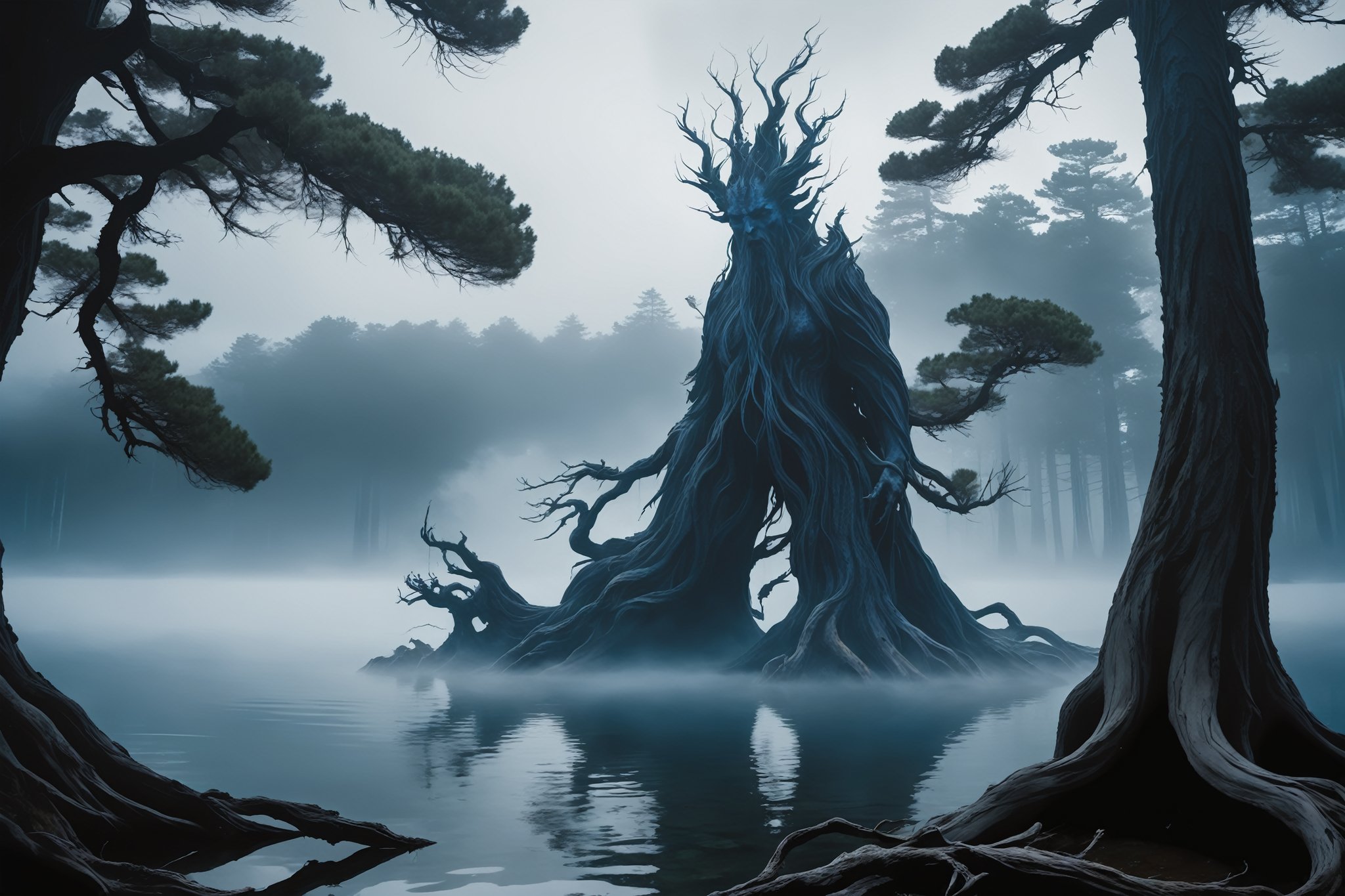 God of the Underworld stands at the edge of a misty lake, surrounded by ancient pines and twisted cypress trees. The air is heavy with the scent of incense and damp earth. With a dramatic flourish, He unsheathes the 'Dark Blue Waves', an evil water magic weapon that crackles with dark energy. The dark blue waves seem to writhe like living serpents, reflecting the God's malevolent intentions. The camera zooms in on the weapon, its surface rippling and distorting as it pulsates with power.