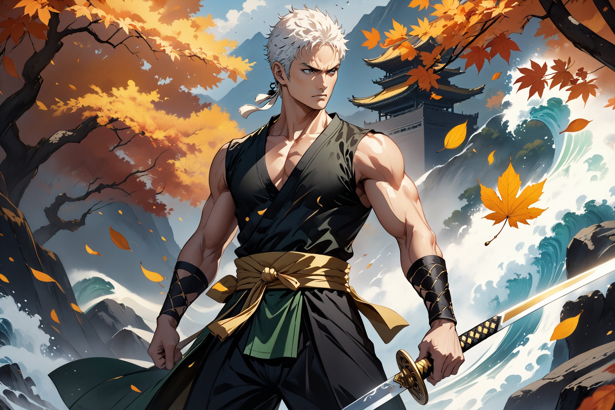 masterpiece, beautiful and aesthetic, ultra detail, intricate, 1male, solo, representation of the legendary martial artist, Roronoa Zoro features, detailed character design, serious expression, (white hair), exquisite body, strong abdominal muscles, (golden armlet), (black half gloves), black martial arts belt, (black Hanfu, sleeveless), black lace-up ankle brace, (he wields a single golden broadsword, unique and finely detailed), dynamic pose, he stands tall and resolute, exuding an air of strength and unwavering determination. Chinese martial arts animation style, autumn leaves fluttering around, Inspired by Chinese mythology story