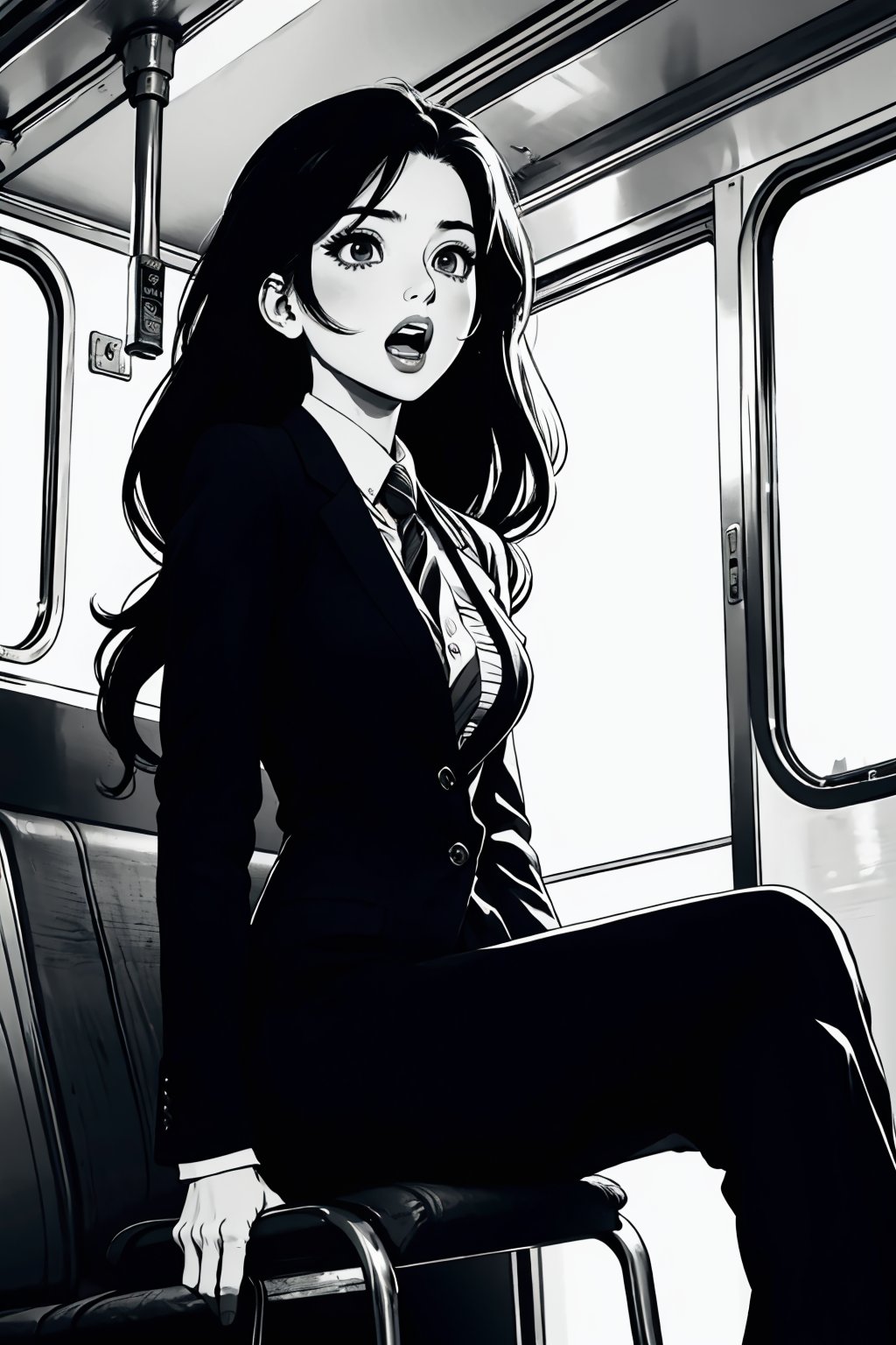 Boichi manga style, monochrome, greyscale, solo, a young lady, long hair, trouser suit, she was sitting in the train compartment, surprised eyes, open mouth, say NO, ((masterpiece))