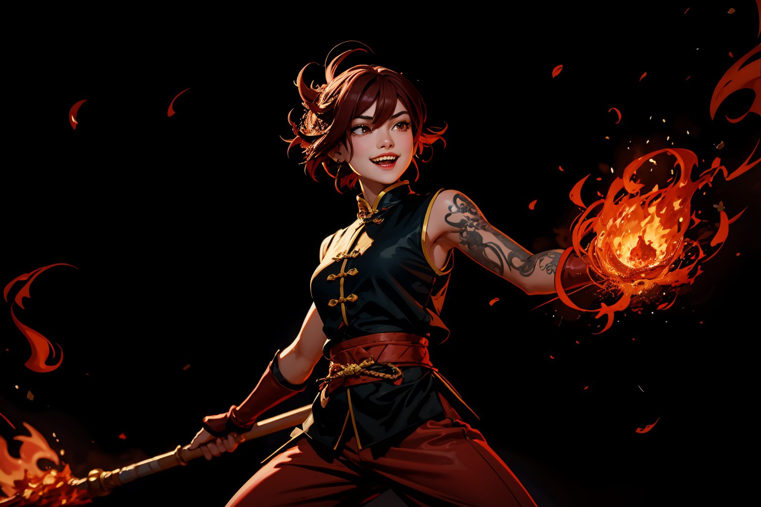 Chinese mythology, solo, 1female, monster_girl, short hair, dark red hair, grin, fangs, sexy lips, pointed ears, strong body, swarthy body, fire phoenix tattoo, (single wing behind), holding a mace, dark red vest, long pants, mist background, Chinese martial arts animation style