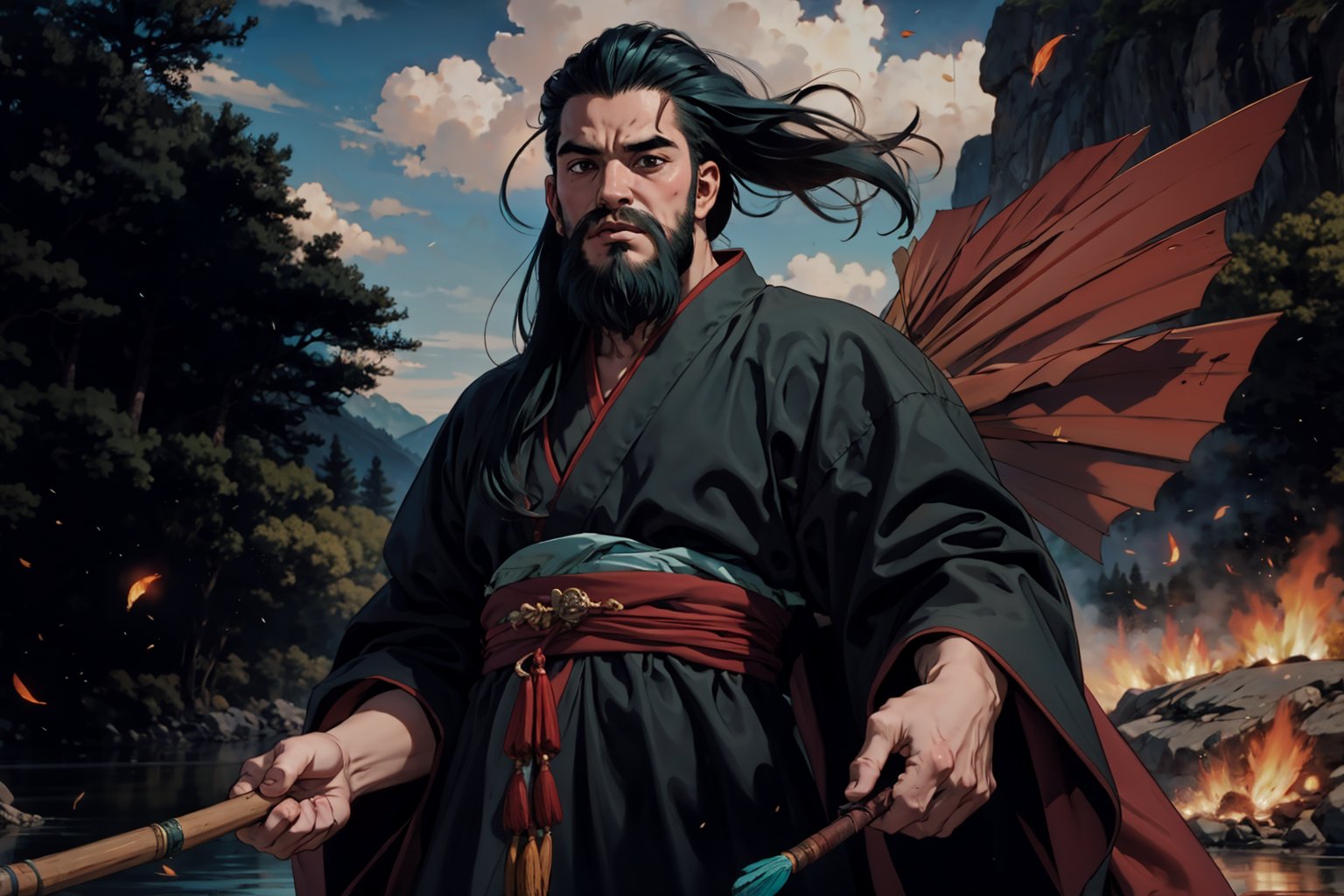 Chinese mythology story, solo, 1man, forty years old, long black hair, two beards, aqua Taoist robe, holding a feather fan, thin and tall, jumped up in frustration, (full shot:1.3), boichi manga style