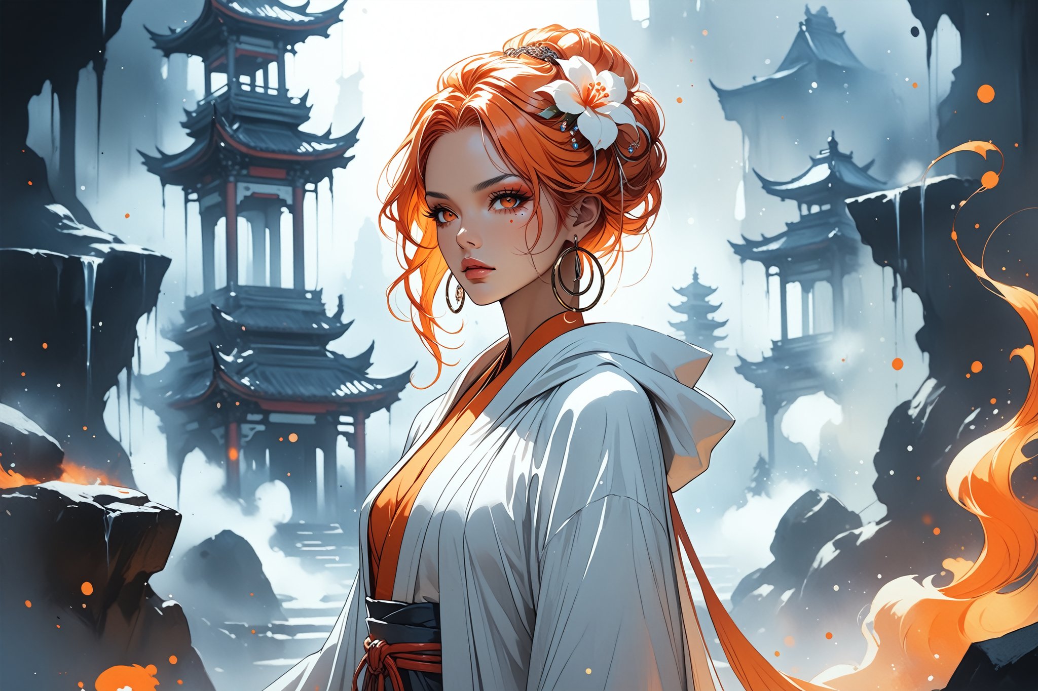 masterpiece, beautiful and aesthetic, ultra detail, intricate, 1female, 40 years old, detailed character design, sorceress, mysterious, a red mole on forehead, orange eyes, hoop earrings, (medium hair, updo, Split-color Hair, white Hair, Orange Hair), hair flower, bangle, short stature, tan skin, hooded cloak, (Taoist long robe, orange), cane, full body, dynamic pose, her hands crackling with arcane energy, standing on lava, smokey, mysterious colorful, magic effect, in heavenly palace