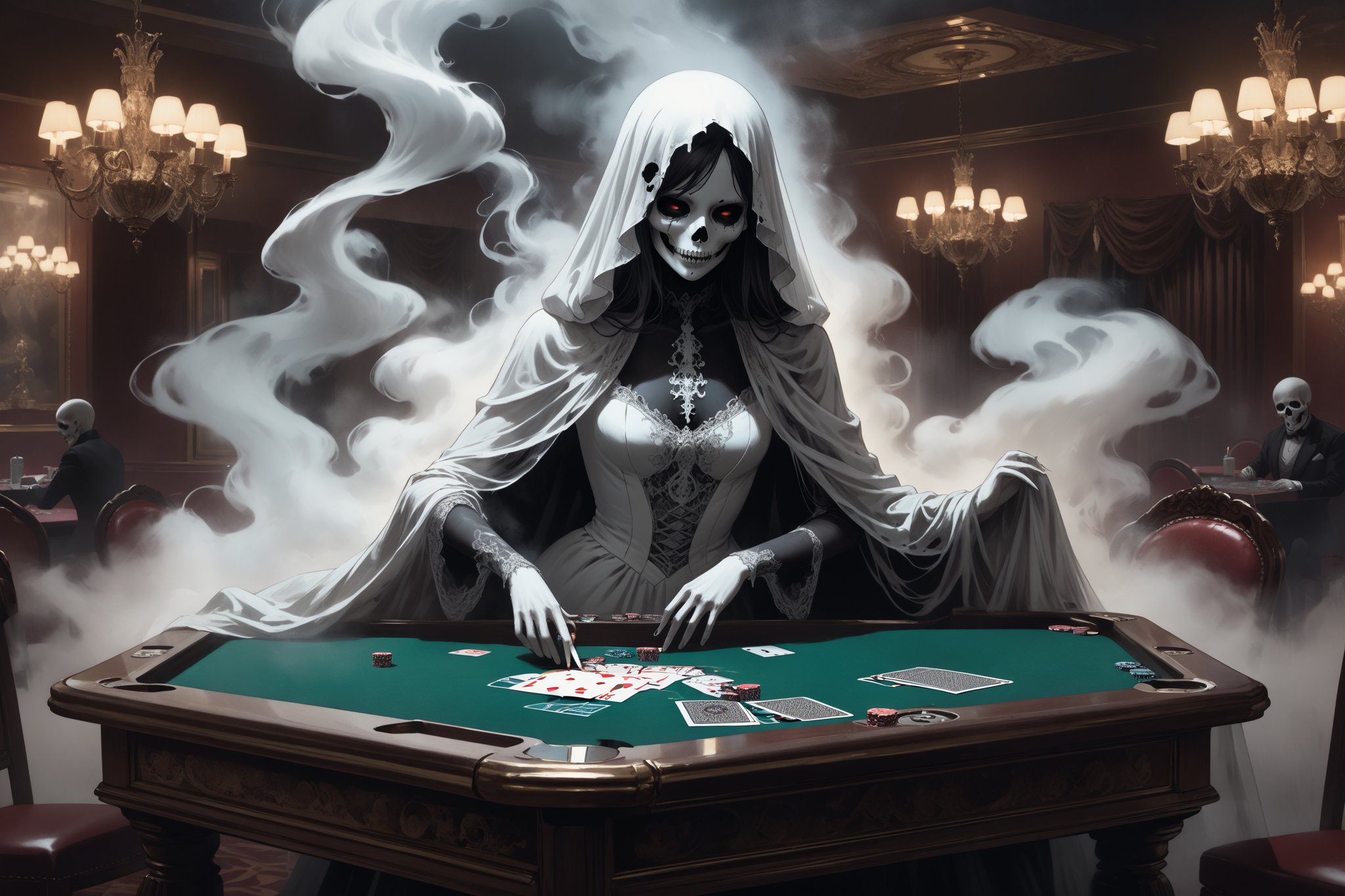 horror-themed {prompt} . eerie, unsettling, dark, spooky, suspenseful, grim, highly detailed, masterpiece, beautiful and aesthetic, ultra detail, intricate, a female ghost emerges from a cigarette box like a wisp of white smoke, card table, in casino