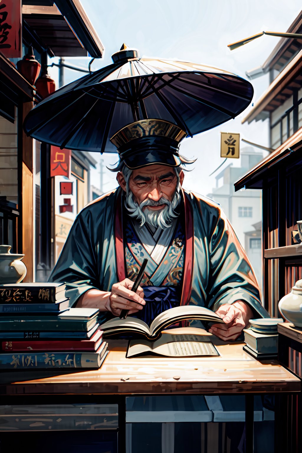 An ancient Chinese street scene, an independent and shabby small vendor, sitting there is an old gentleman, wearing an ancient Chinese hat and reading glasses, squinting and smiling, with a white beard on both sides, a white goatee on the chin, and wearing a Hanfu robe , holding a big brush in his hand and a big abacus on the table