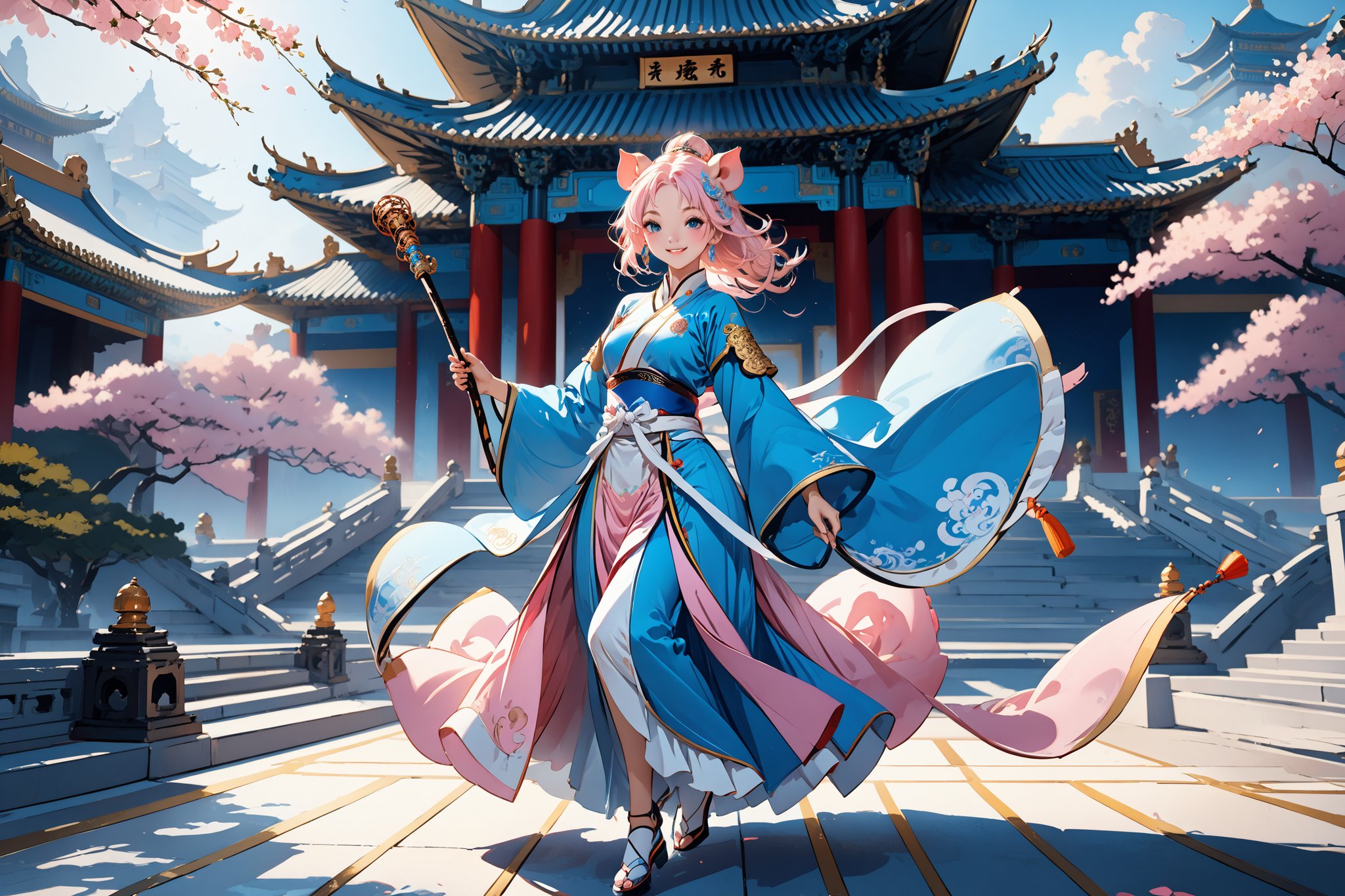 masterpiece, beautiful and aesthetic, ultra detail, intricate, solo, (1female, Pig features, Pig ears), detailed character design, smile sweetly, light pink skin, silver hafu, wide sleeves, blue long skirt, she holding a long stick, (full shot:1.5), dynamic pose, Chinese martial arts animation style, outdoors, heavenly palace, countless palaces