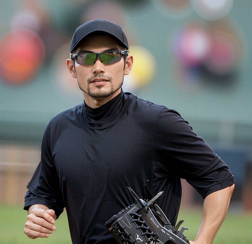 solo, 1male, Japanese, looking at viewer, short hair, shirt, black hair, hat, holding, upper body, weapon, short sleeves, male focus, outdoors, blurry, gun, black shirt, blurry background, facial hair, sunglasses, baseball cap, realistic