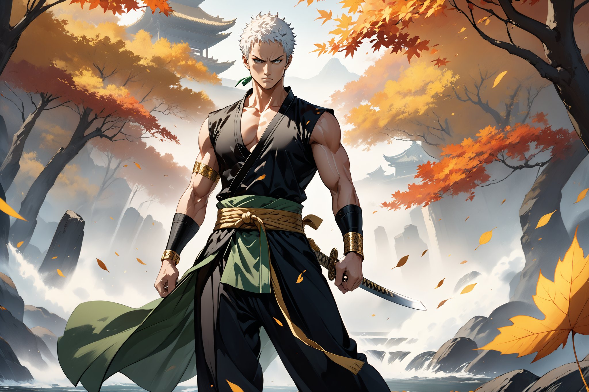 masterpiece, beautiful and aesthetic, ultra detail, intricate, 1male, solo, representation of the legendary martial artist, Roronoa Zoro features, detailed character design, serious expression, (white hair), exquisite body, strong abdominal muscles, (golden armlet:1.2), (black half gloves), black martial arts belt, (black Hanfu, sleeveless), black lace-up ankle brace, (he wields a single golden broadsword, unique and finely detailed), (front view:1.5), dynamic pose, he stands tall and resolute, exuding an air of strength and unwavering determination. Chinese martial arts animation style, autumn leaves fluttering around, Inspired by Chinese mythology story