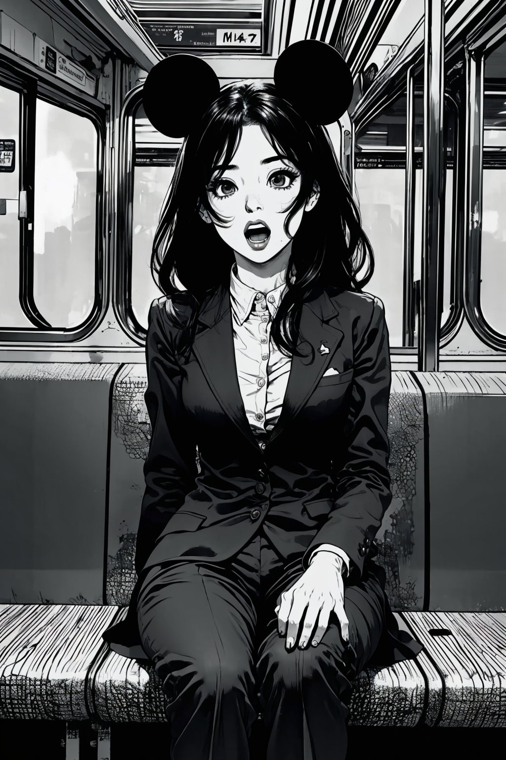 Boichi manga style, monochrome, greyscale, solo, a young lady, blone hair, trouser suit, Mickey Mouse ears, she was sitting in the train compartment, surprised eyes, open mouth, a finger point to the ground, ((masterpiece))