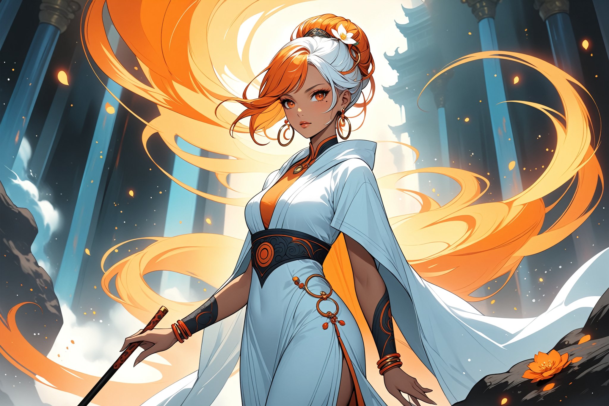 masterpiece, beautiful and aesthetic, ultra detail, intricate, 1female, 40 years old, detailed character design, sorceress, mysterious, a red mole on forehead, orange eyes, hoop earrings, (medium hair, updo, Split-color Hair, white Hair, Orange Hair), hair flower, bangle, short stature, tan skin, hooded cloak, (Taoist long robe, orange), cane, full body, dynamic pose, her hands crackling with arcane energy, standing on lava, smokey, mysterious colorful, magic effect, in heavenly palace