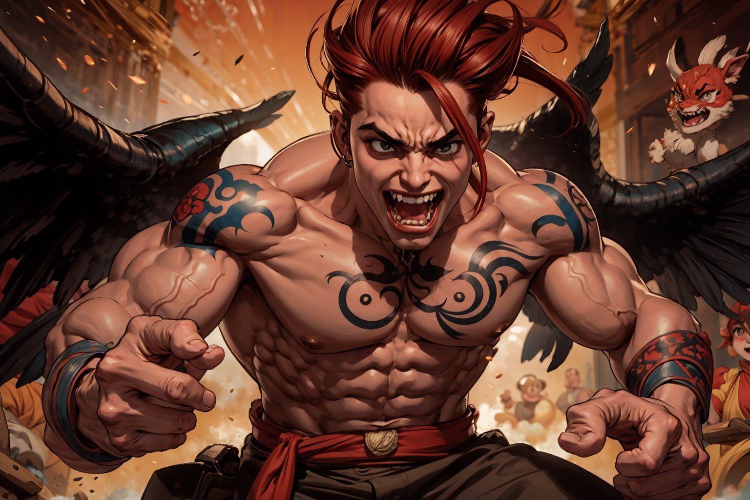 In Chinese mythology, solo, 1male, monster, dishevelled hair, dark red hair, cyan face, fangs, fat lips, wide mouth, strong, muscular, short, (wing), evil, tattooed all over, (roar with laughter:1.2), ancient China style, boichi manga style